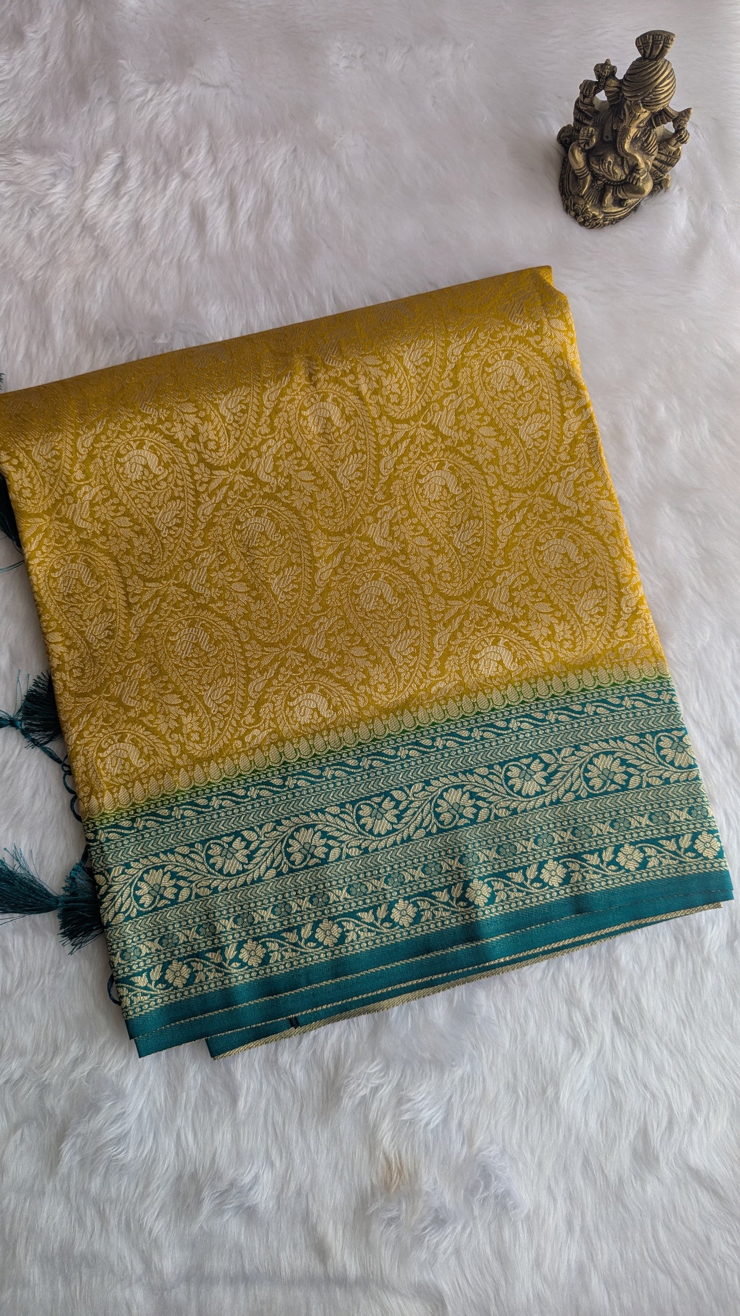 Mustard and Teal Contrast Brocade Silk Saree
