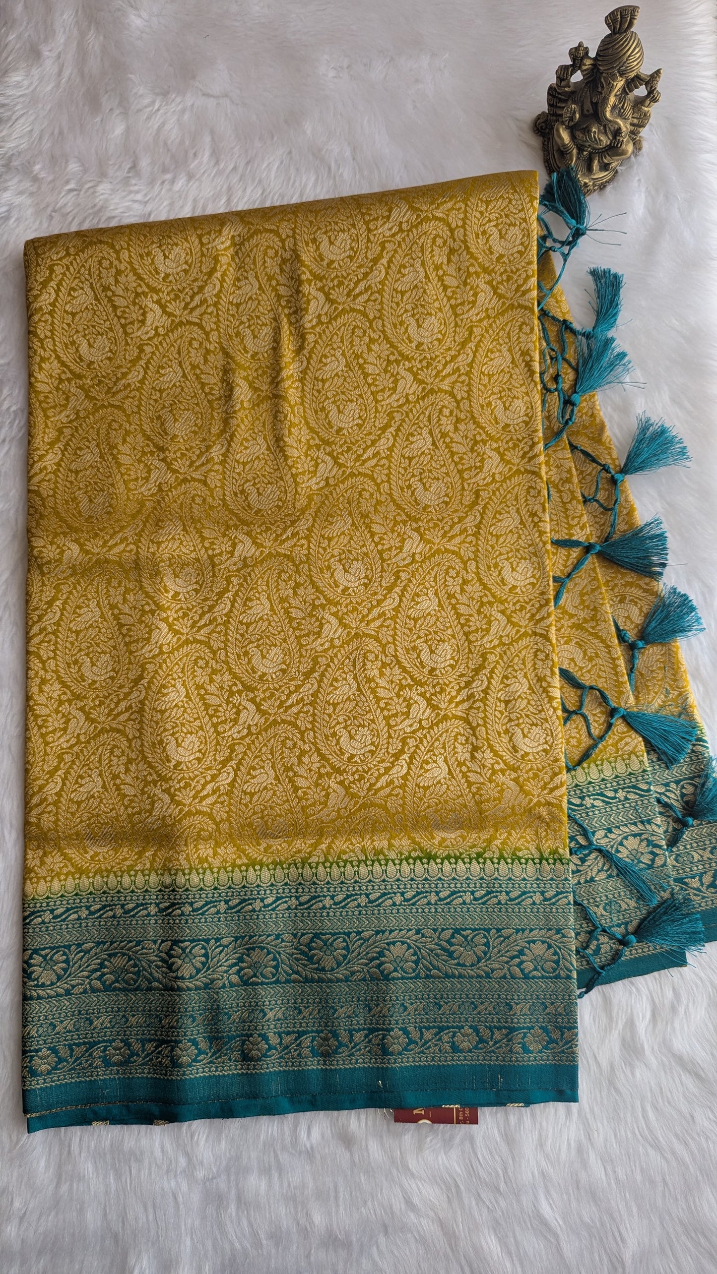 Mustard and Teal Contrast Brocade Silk Saree