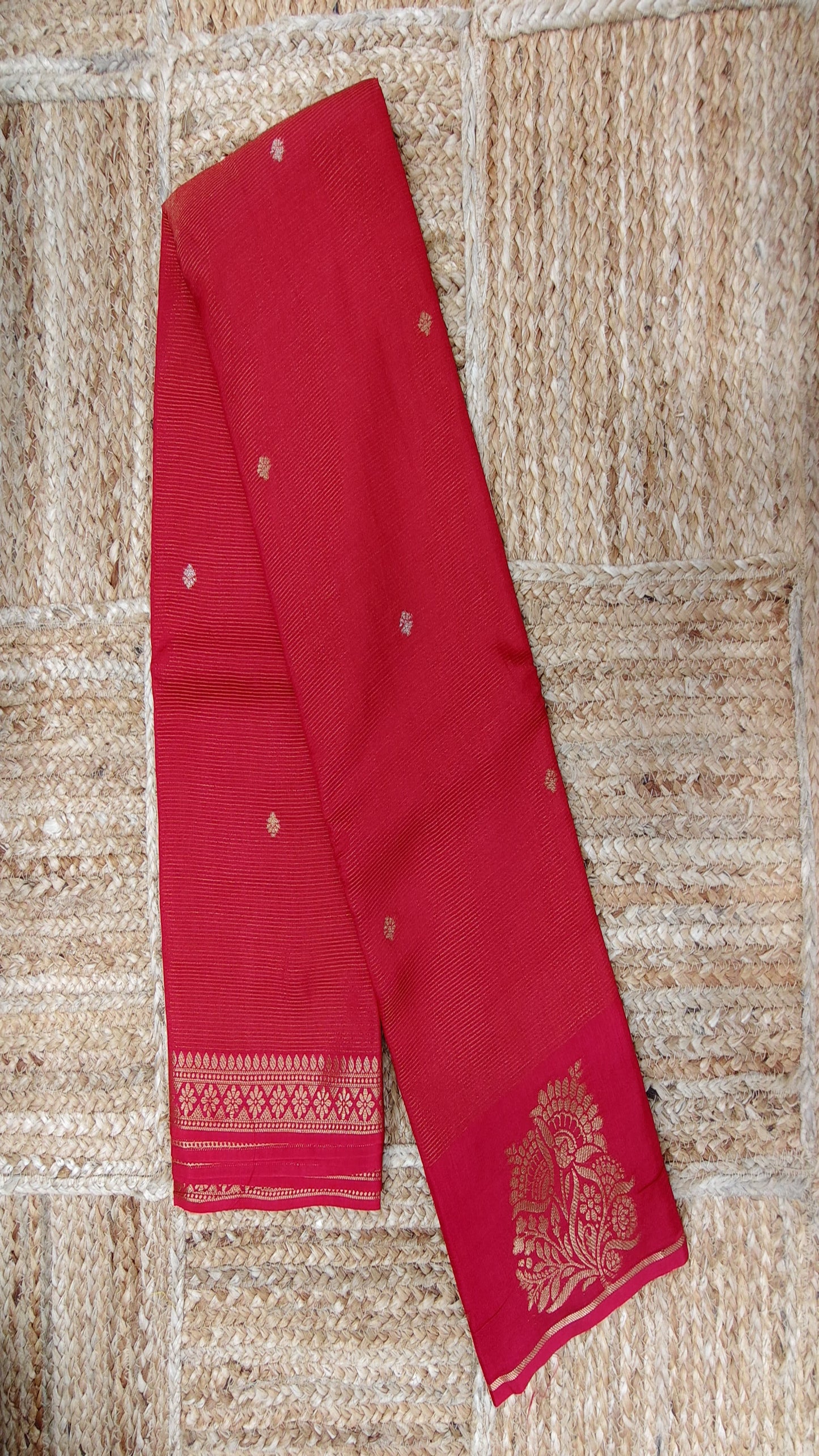 Red Crepe Silk Saree with Small Zari Lines