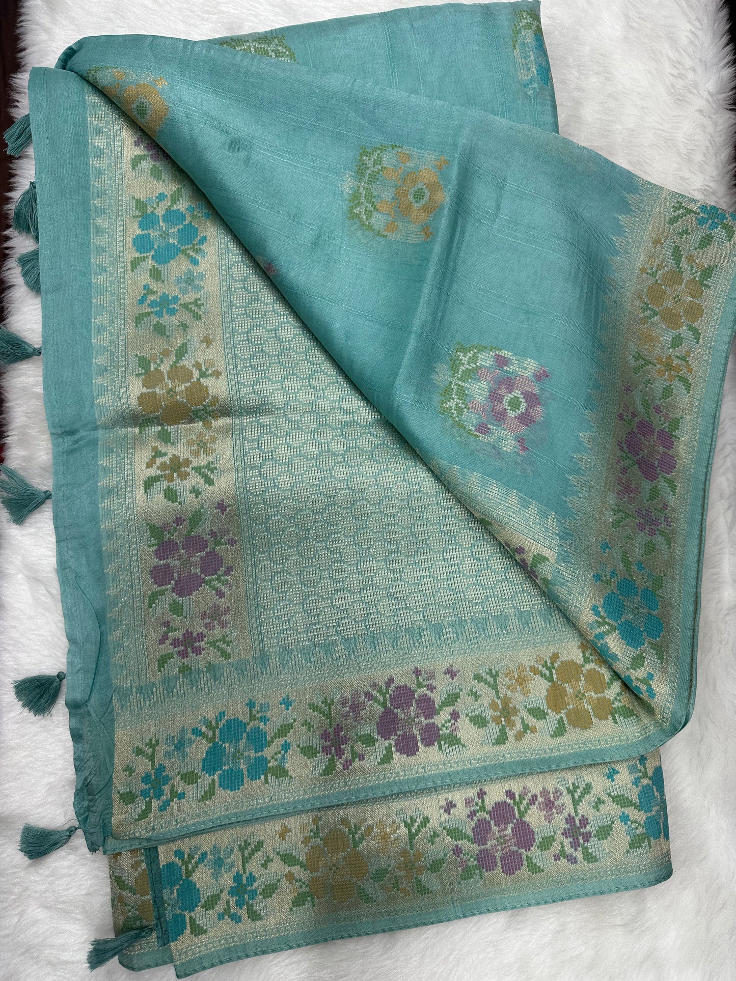 Turquoise Soft Silk with Floral Silver Zari Motifs and Border