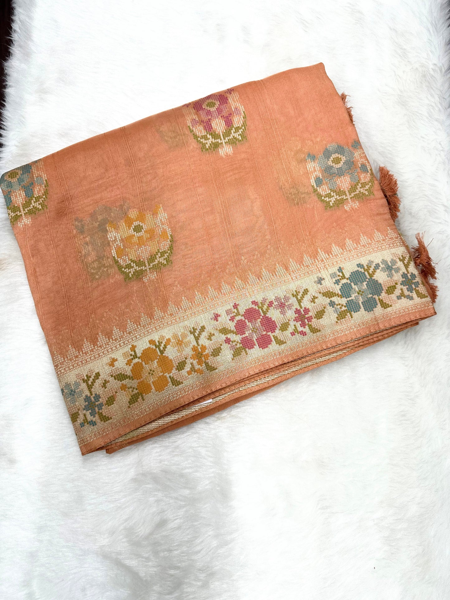 Rust Orange Soft Silk with Floral Silver Zari Motifs and Border