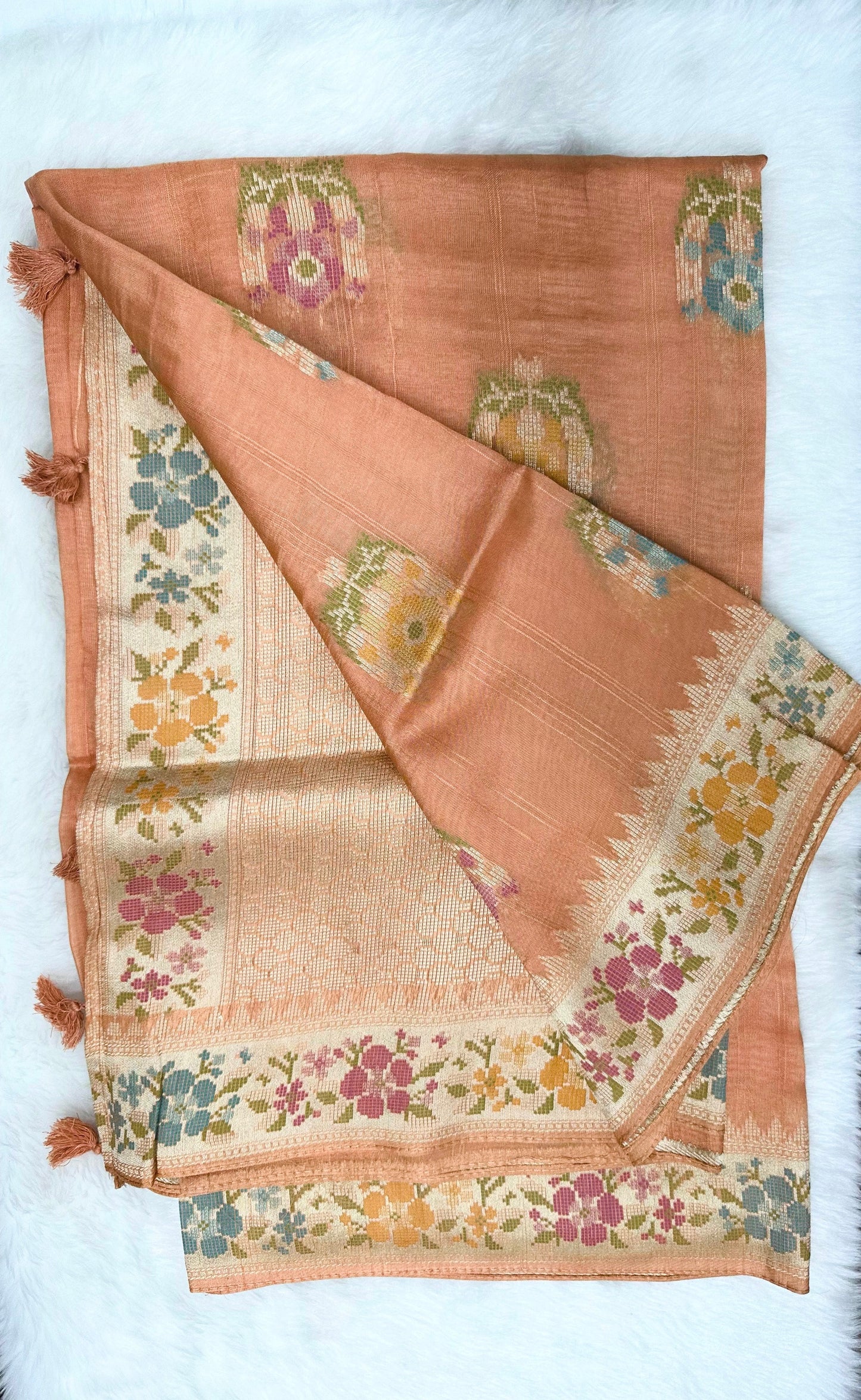 Rust Orange Soft Silk with Floral Silver Zari Motifs and Border