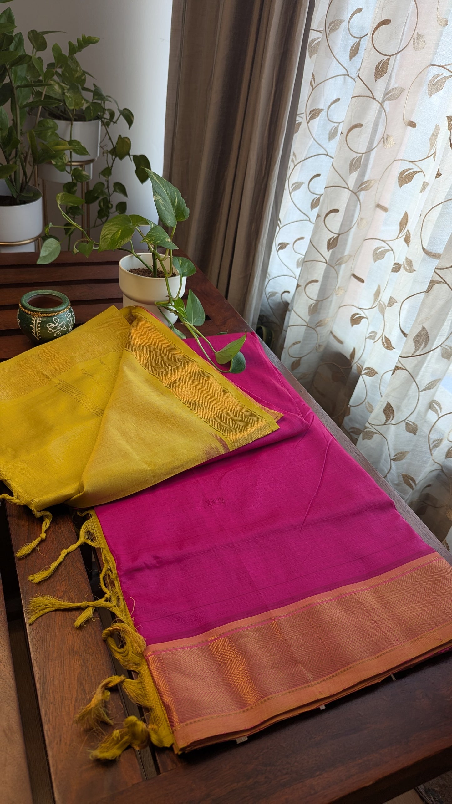 Rani Pink & Yellow Pure Silk Cotton Saree