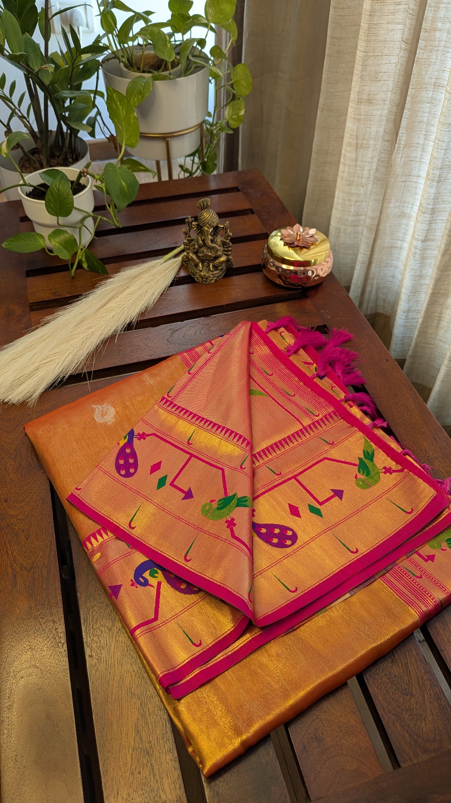 Maharani Orange Paithani Tissue Saree