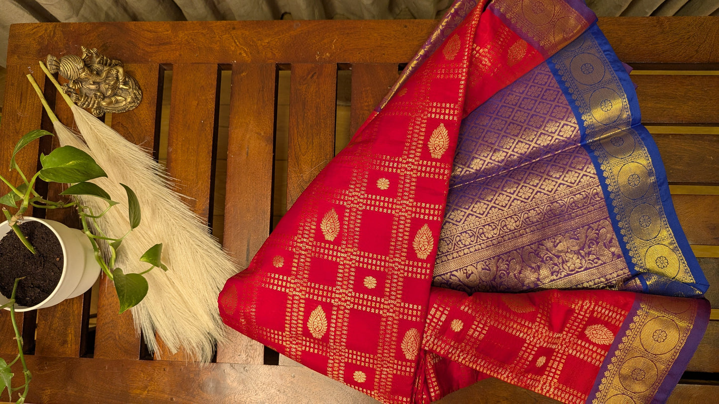 Red and Purple Semi Silk Saree