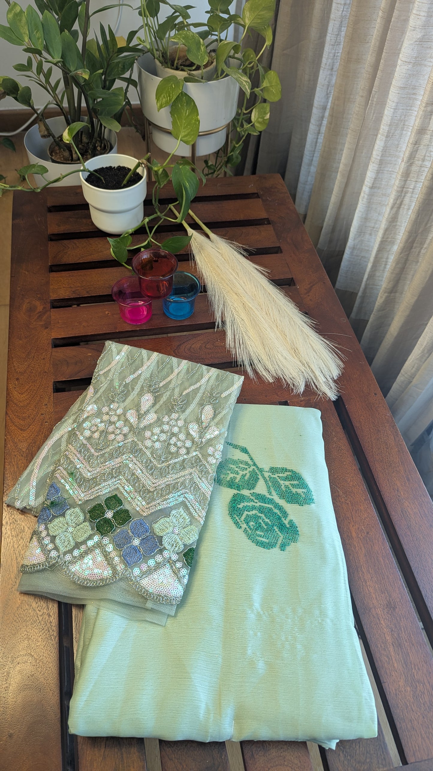 Pastel Green Fancy Saree with Sequinned Blouse