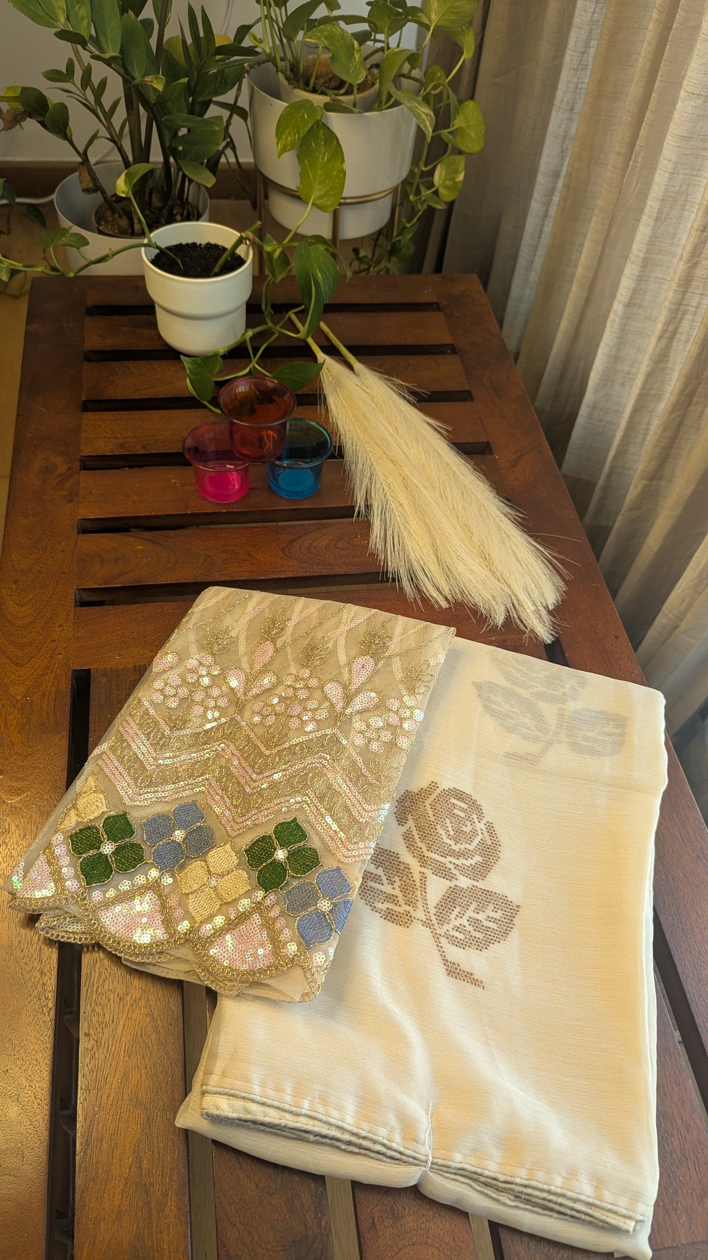 Cream Color Fancy Saree with Sequinned Blouse