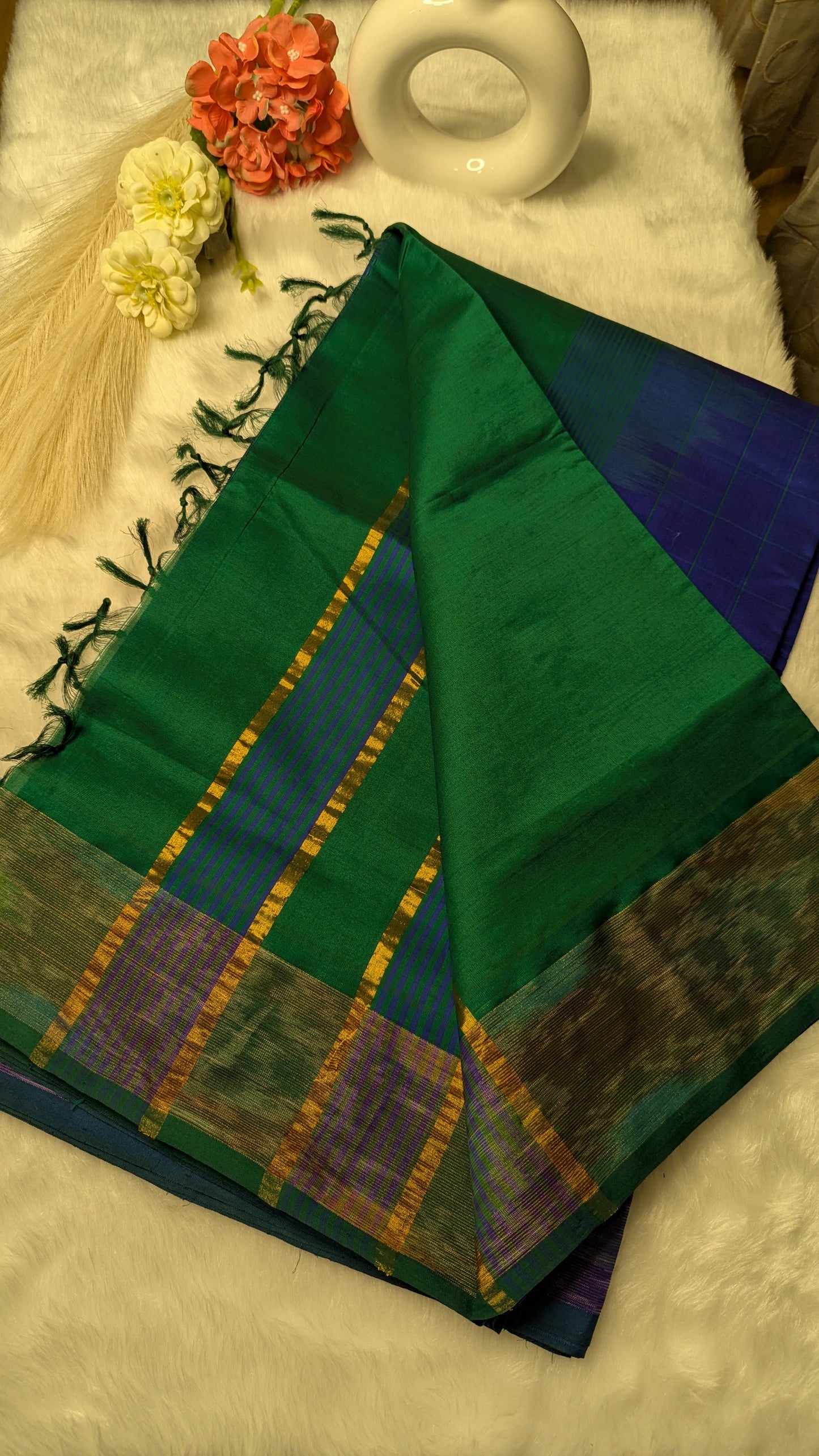 Blue and Green Checks Silk Cotton Saree