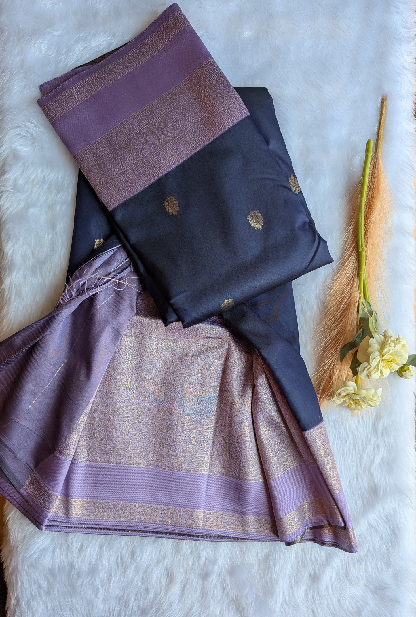 Navy Blue and Lavender Semi Soft Silk Saree