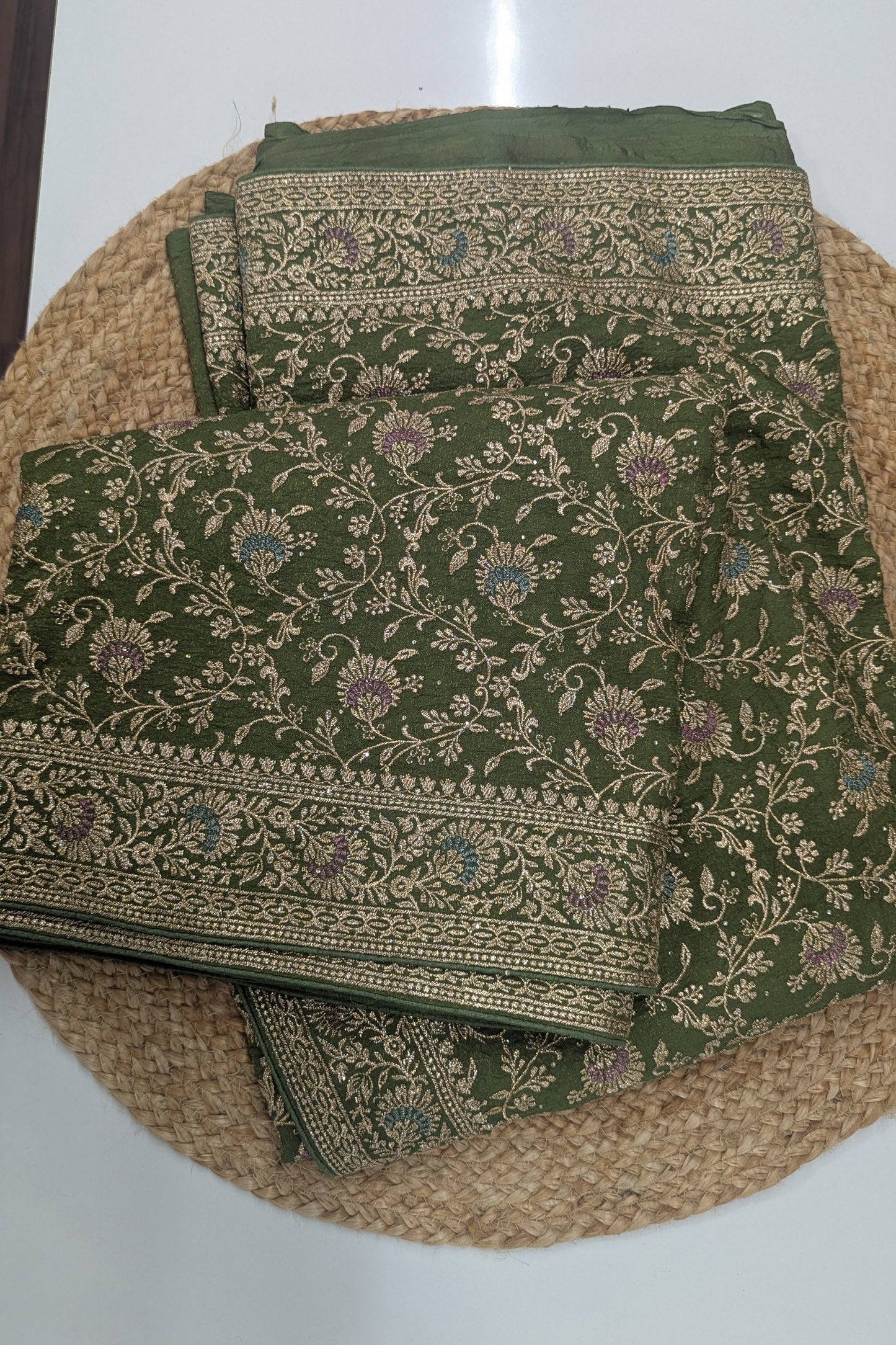 Soft Crushed Fabric and Work Saree- Green