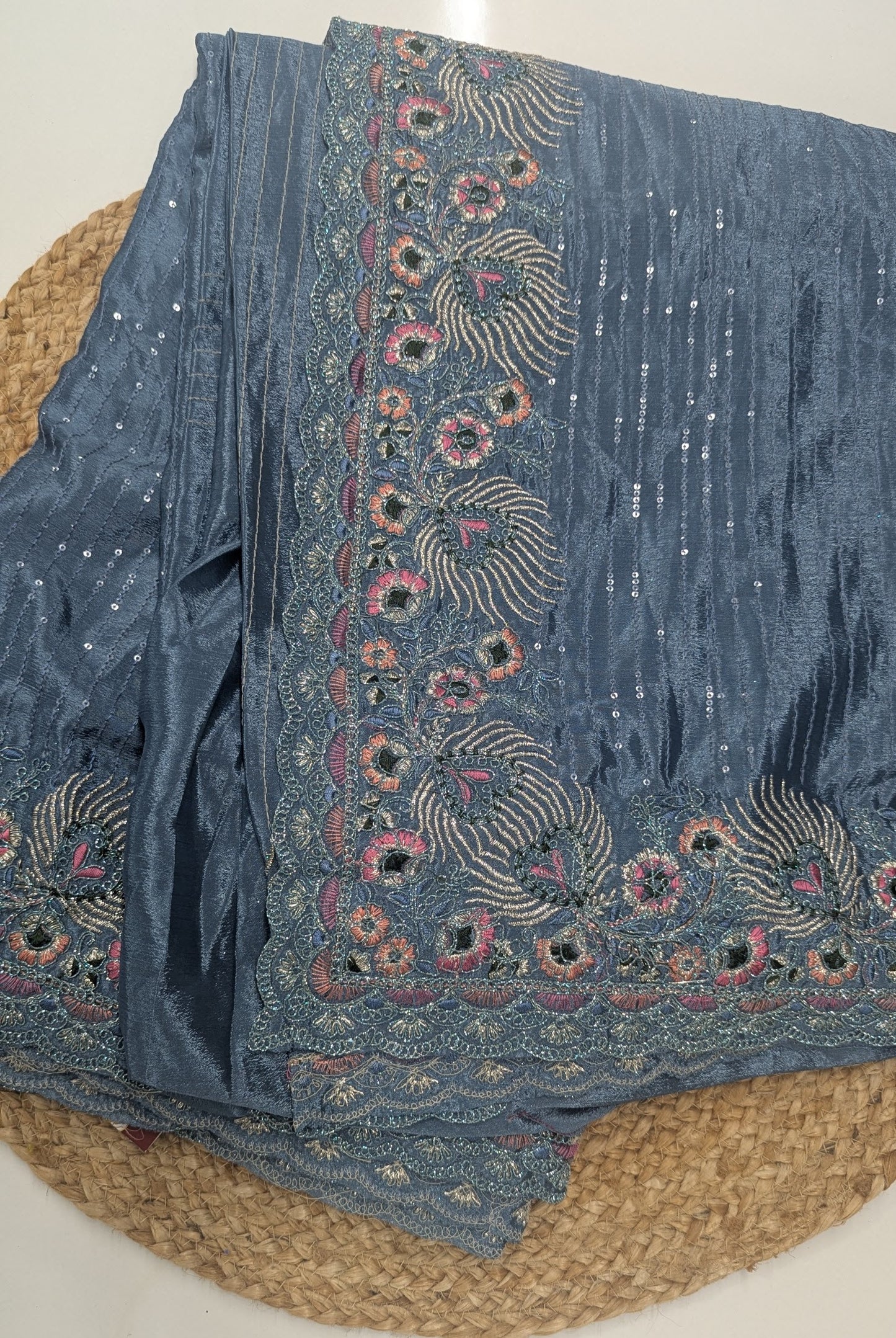 Tissue Party Wear Saree - Blue and Wine Colors