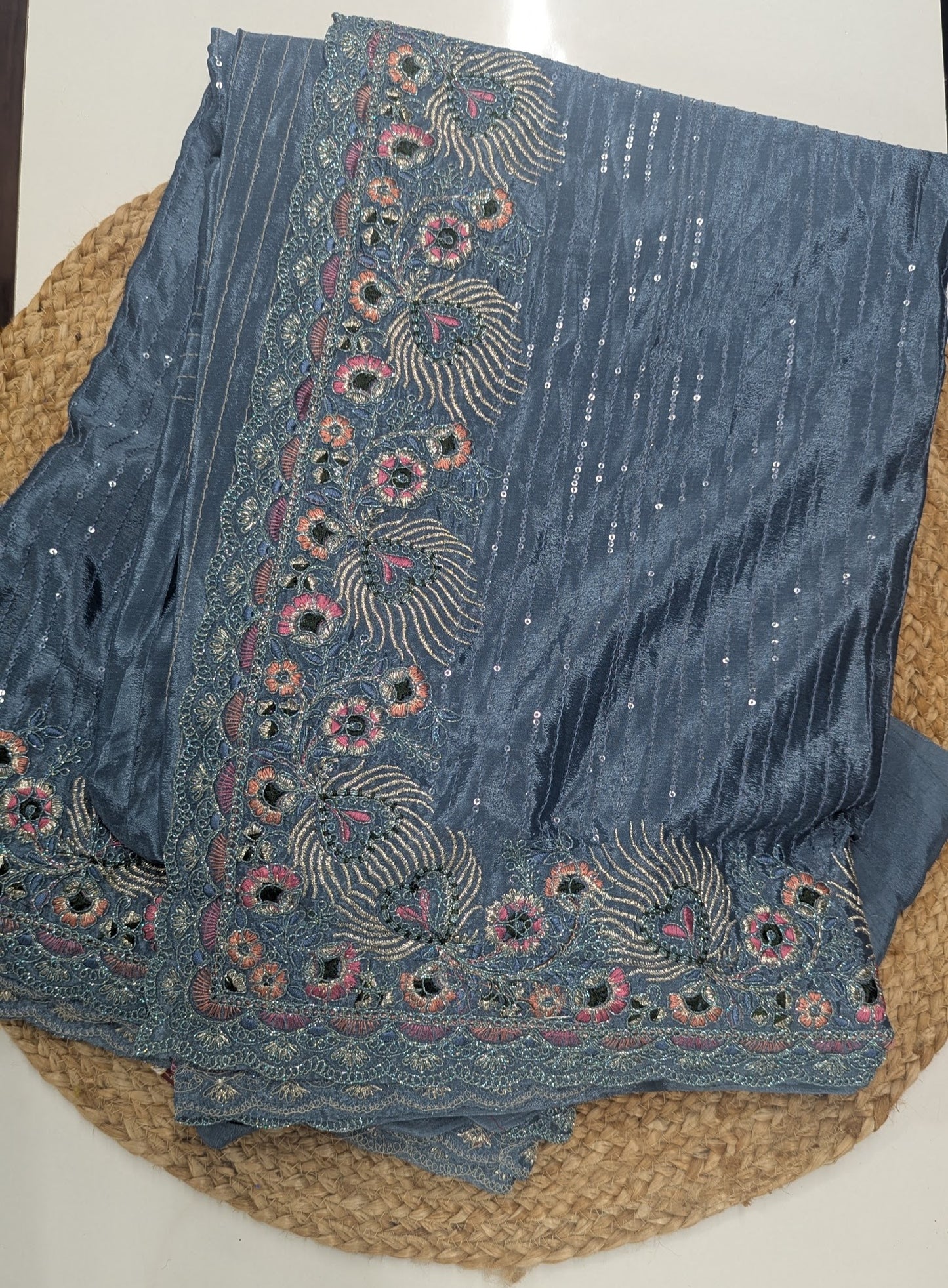 Tissue Party Wear Saree - Blue and Wine Colors