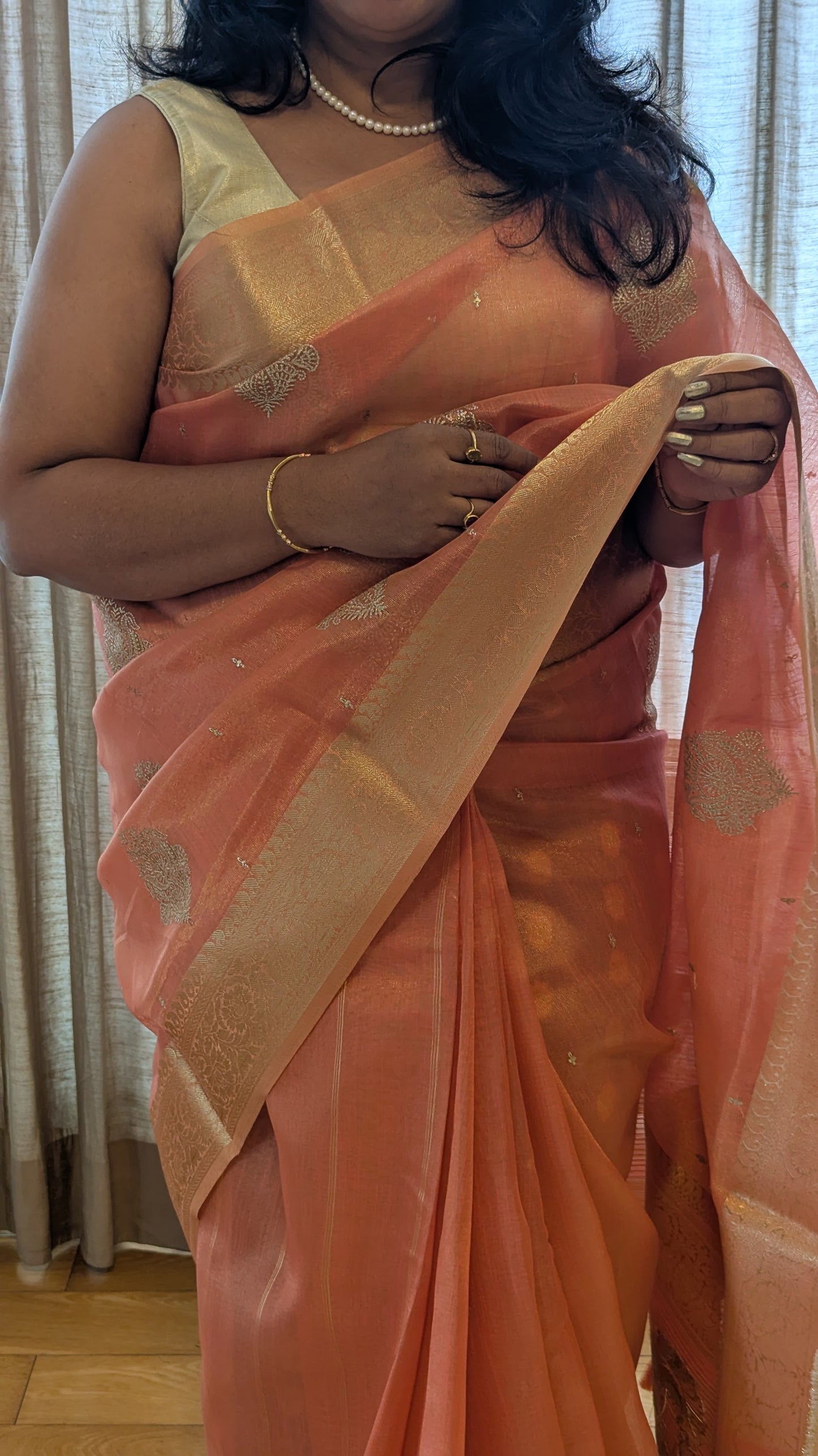 Peach color with Golden Jari Border Soft Tissue Saree