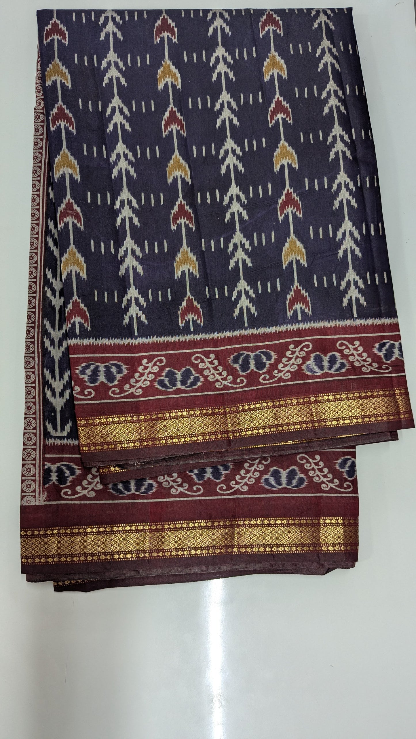 Purple and Maroon Cotton Blend Ikkat Saree