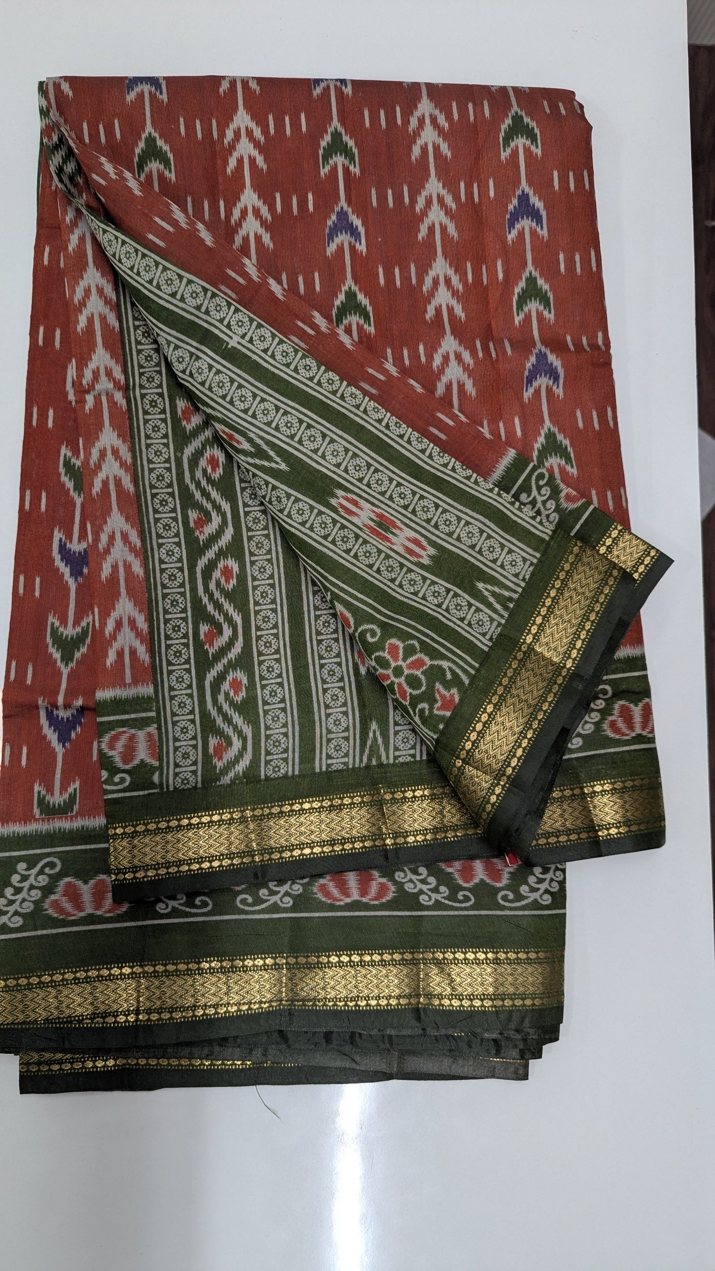 Brown with Green border Cotton Blend Ikkat Saree