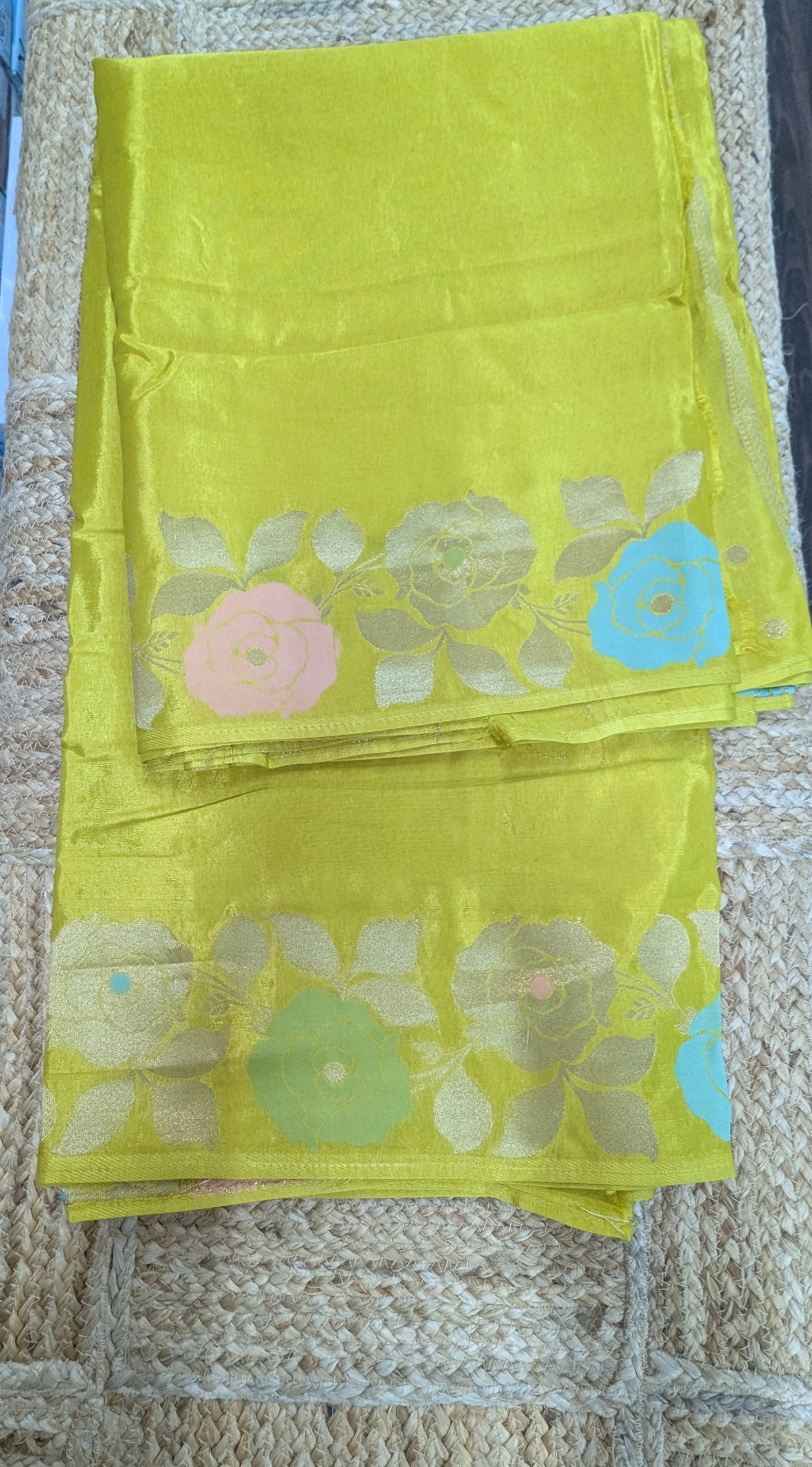 Yellow Crepe Silk Saree with Flower Zari Border