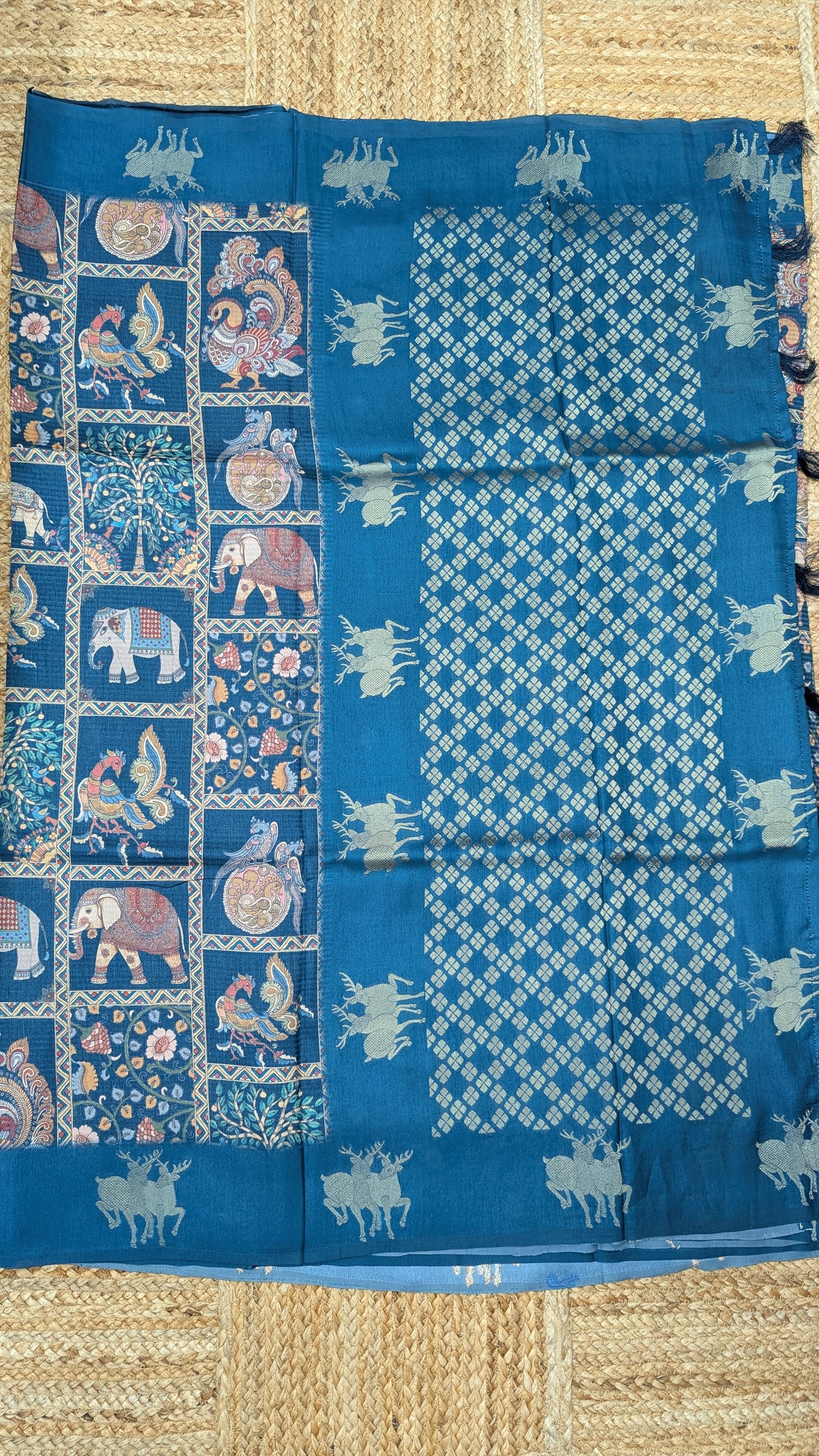 Pecock Blue Kosa Silk Saree with Block Prints
