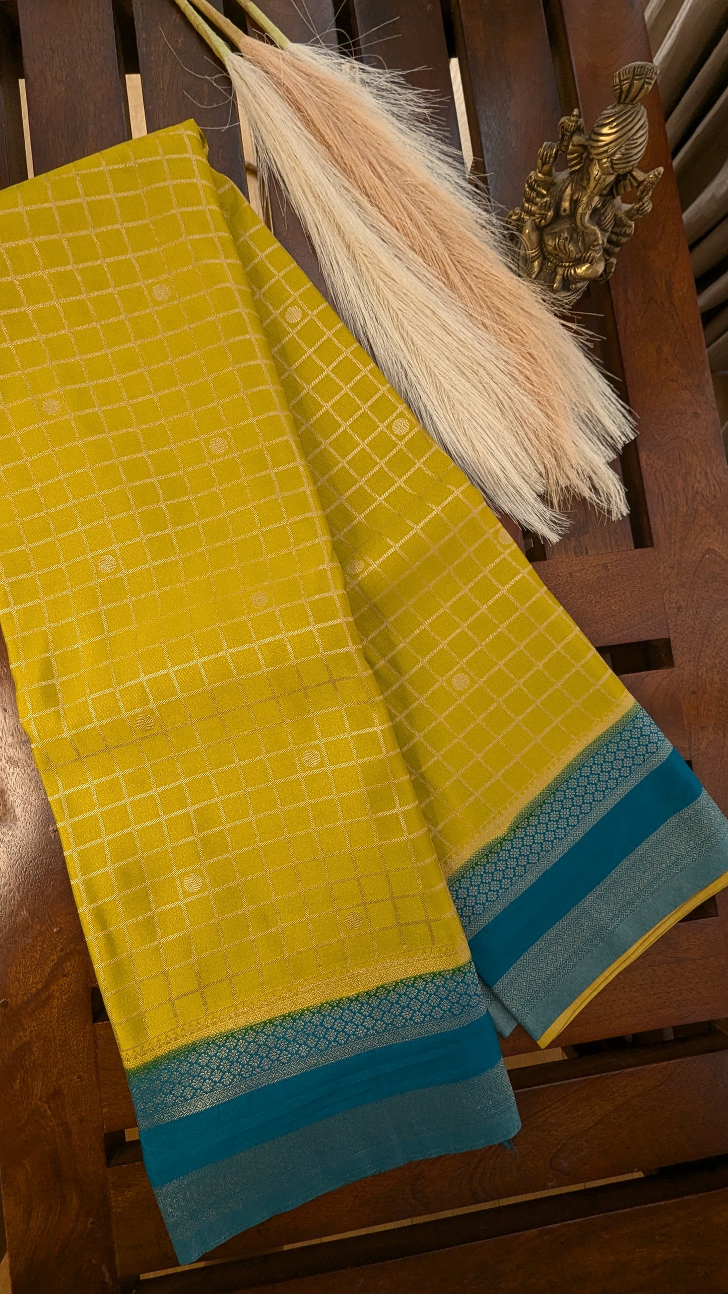 Mustard and Teal Blue Semi Mysore Silk Saree