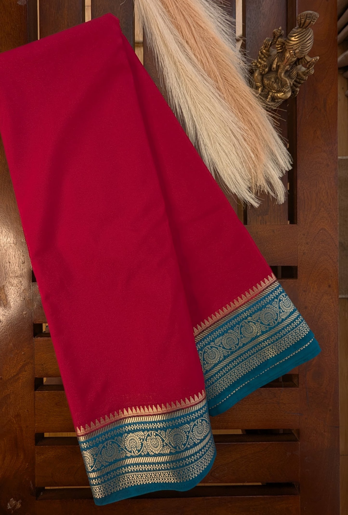 Magenta with Blue border Semi Mysore Silk Saree