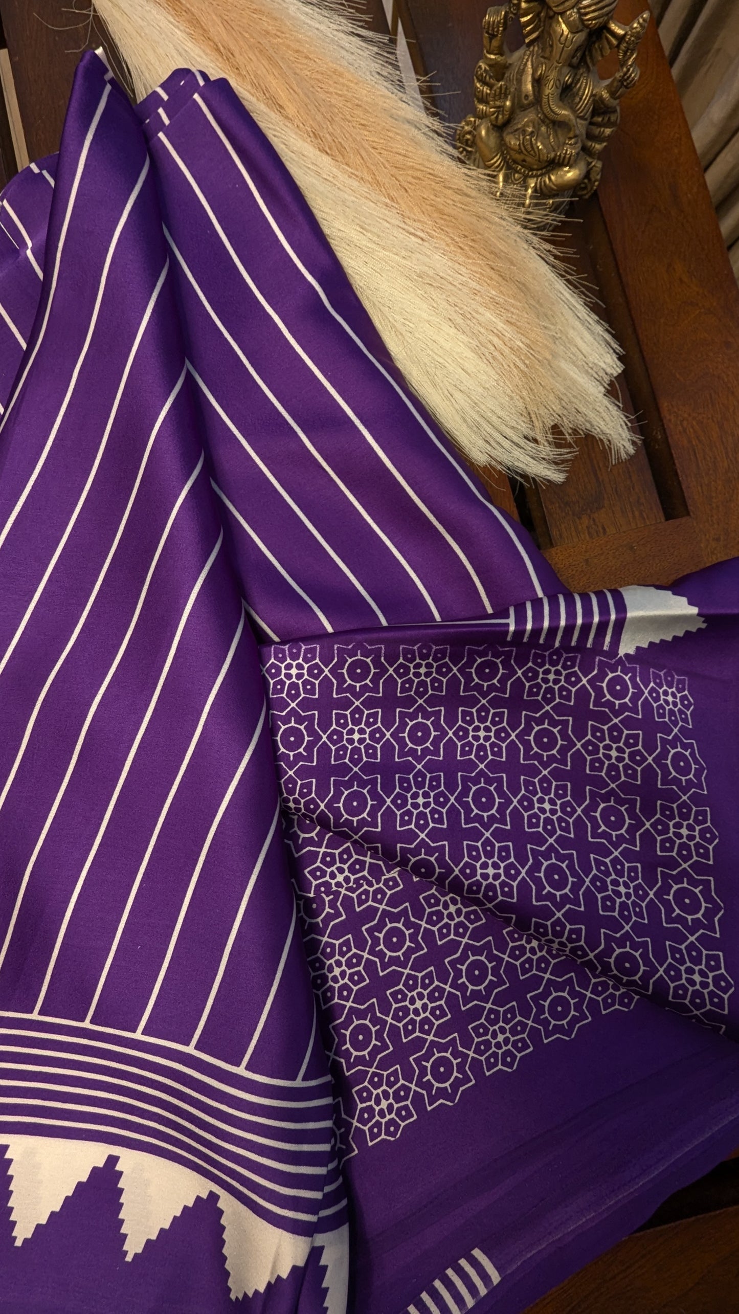 Purple and White Stripes Sateen Silk Saree