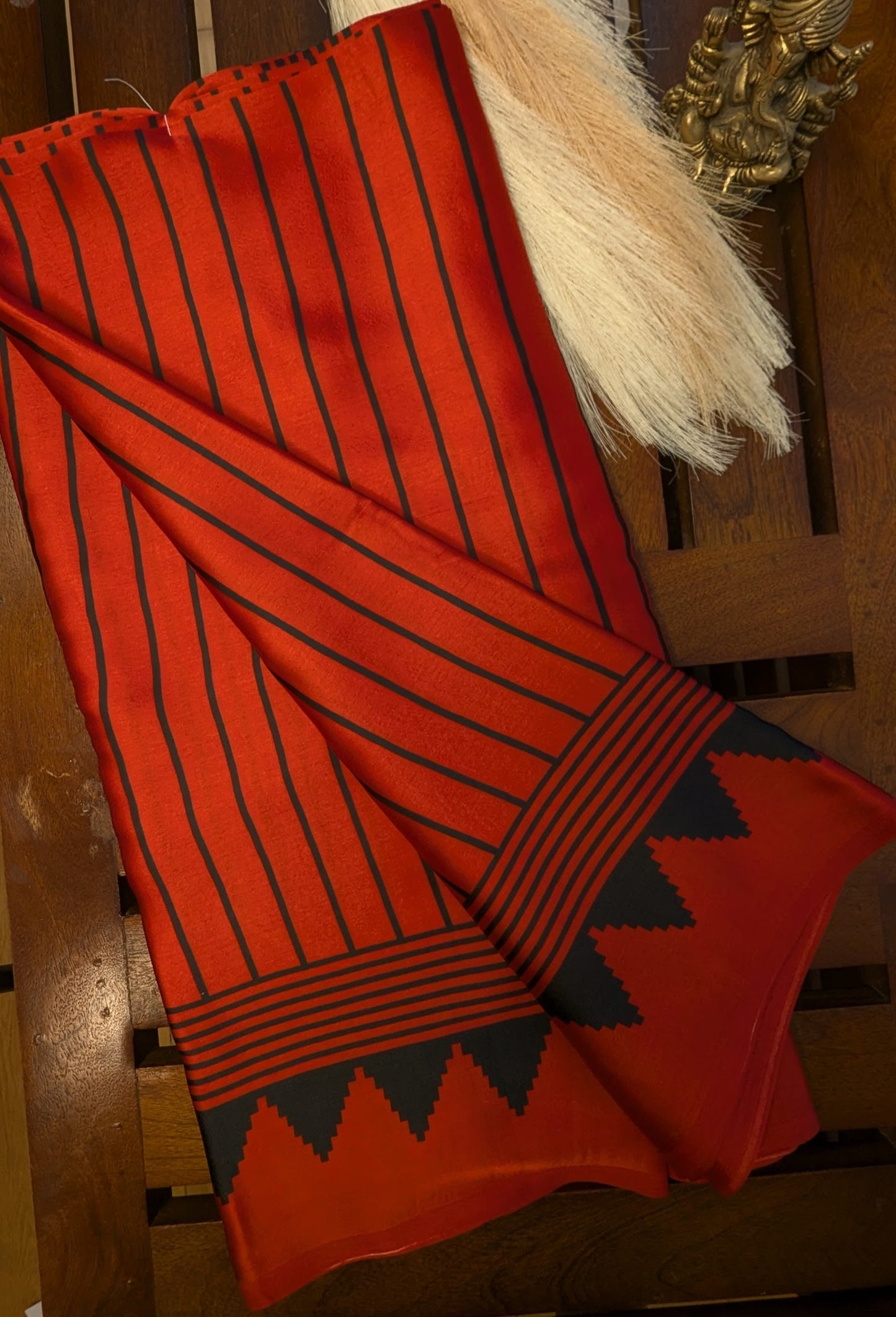Red and Black Stripes Sateen Silk Saree
