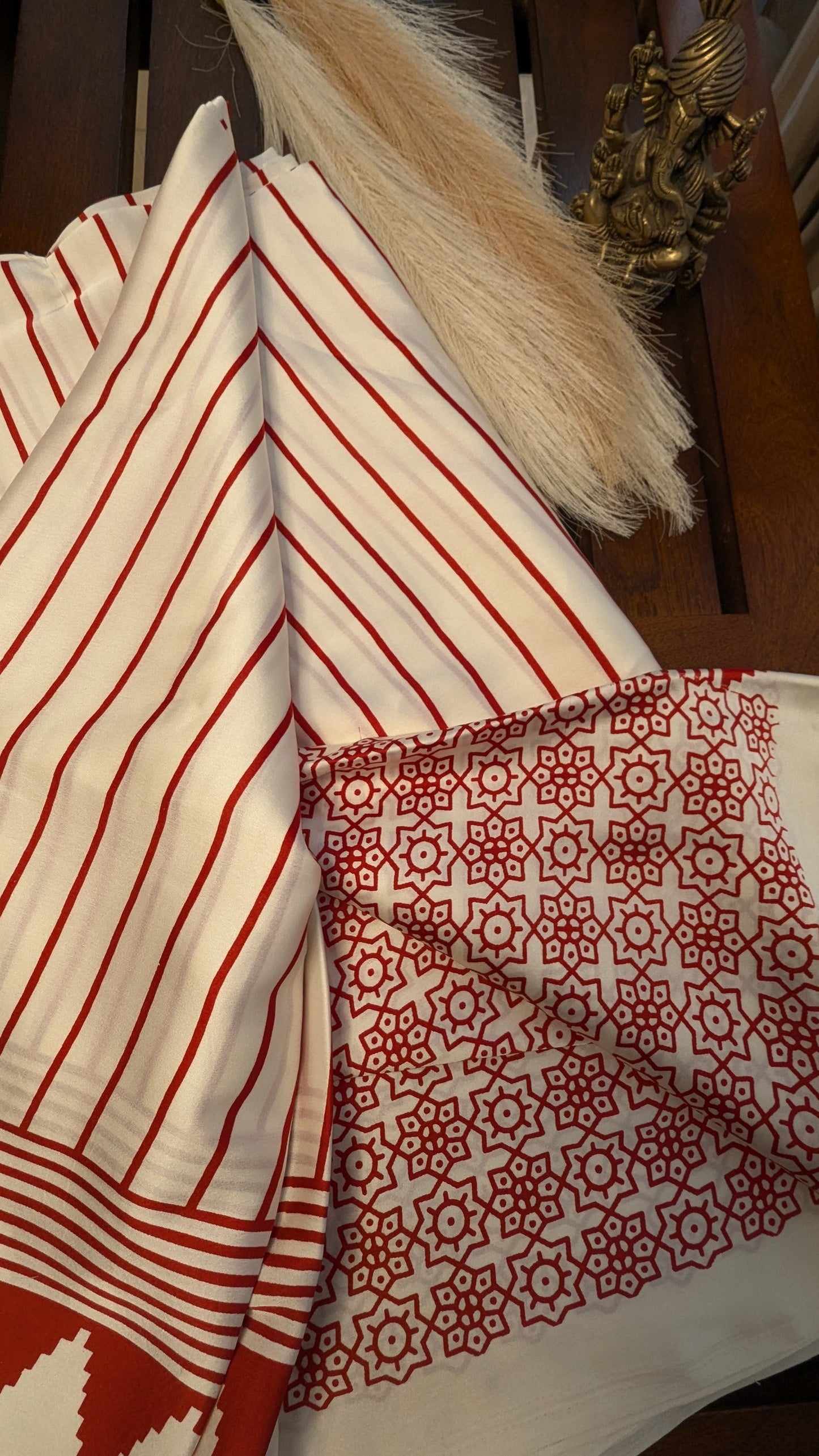 White and Red Stripes Sateen Silk Saree