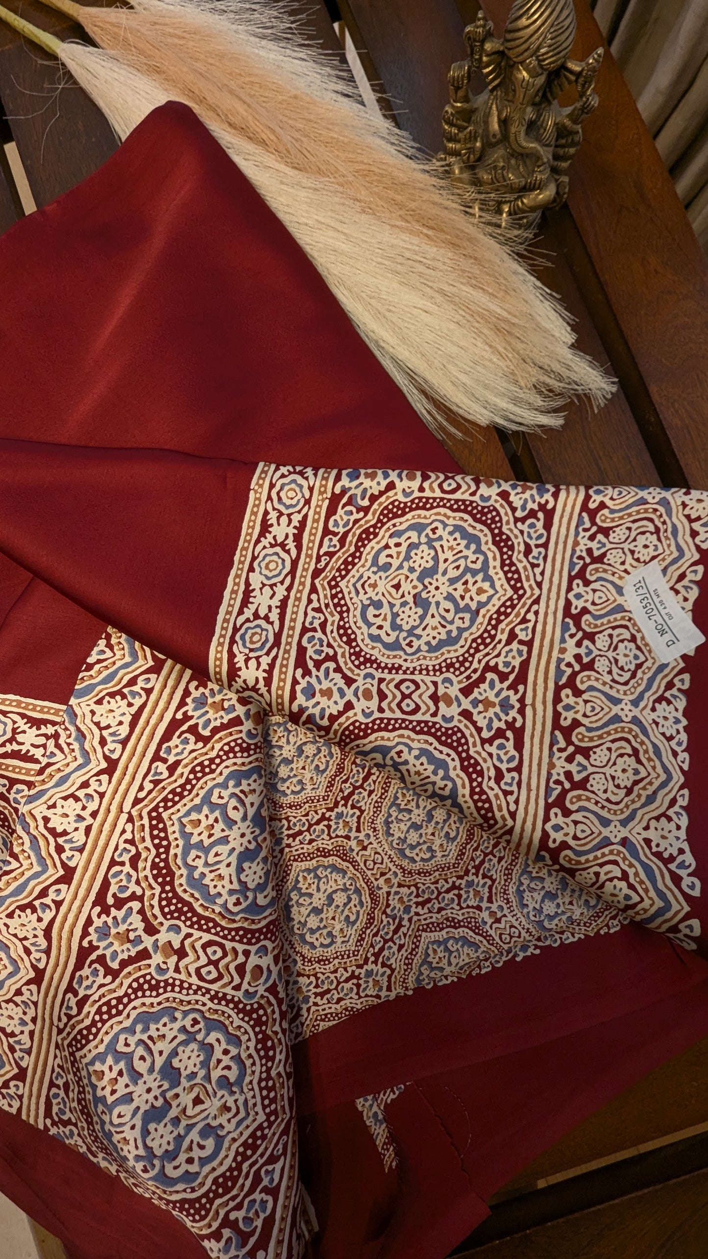 Maroon Red and Ajrakh Border Sateen Silk Saree