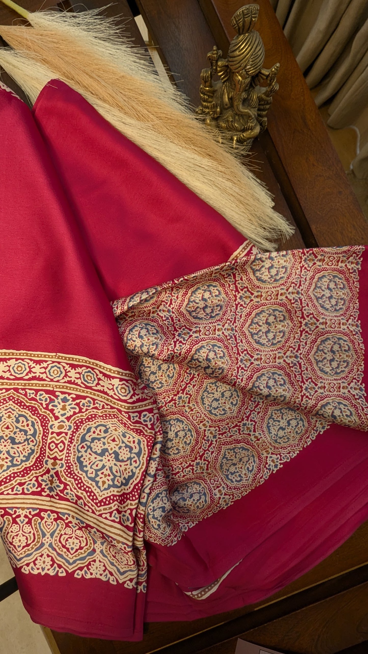 Pink and Ajrakh Border Sateen Silk Saree