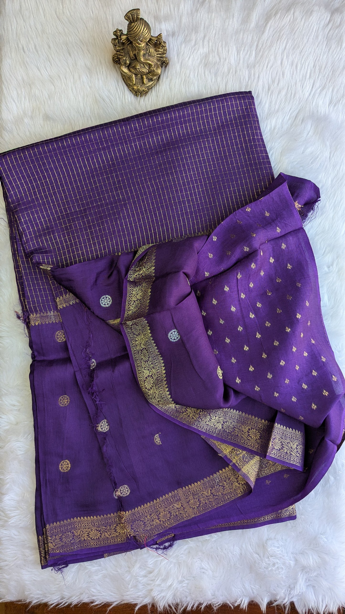 Purple Crepe Silk Saree Center border Zari Checks