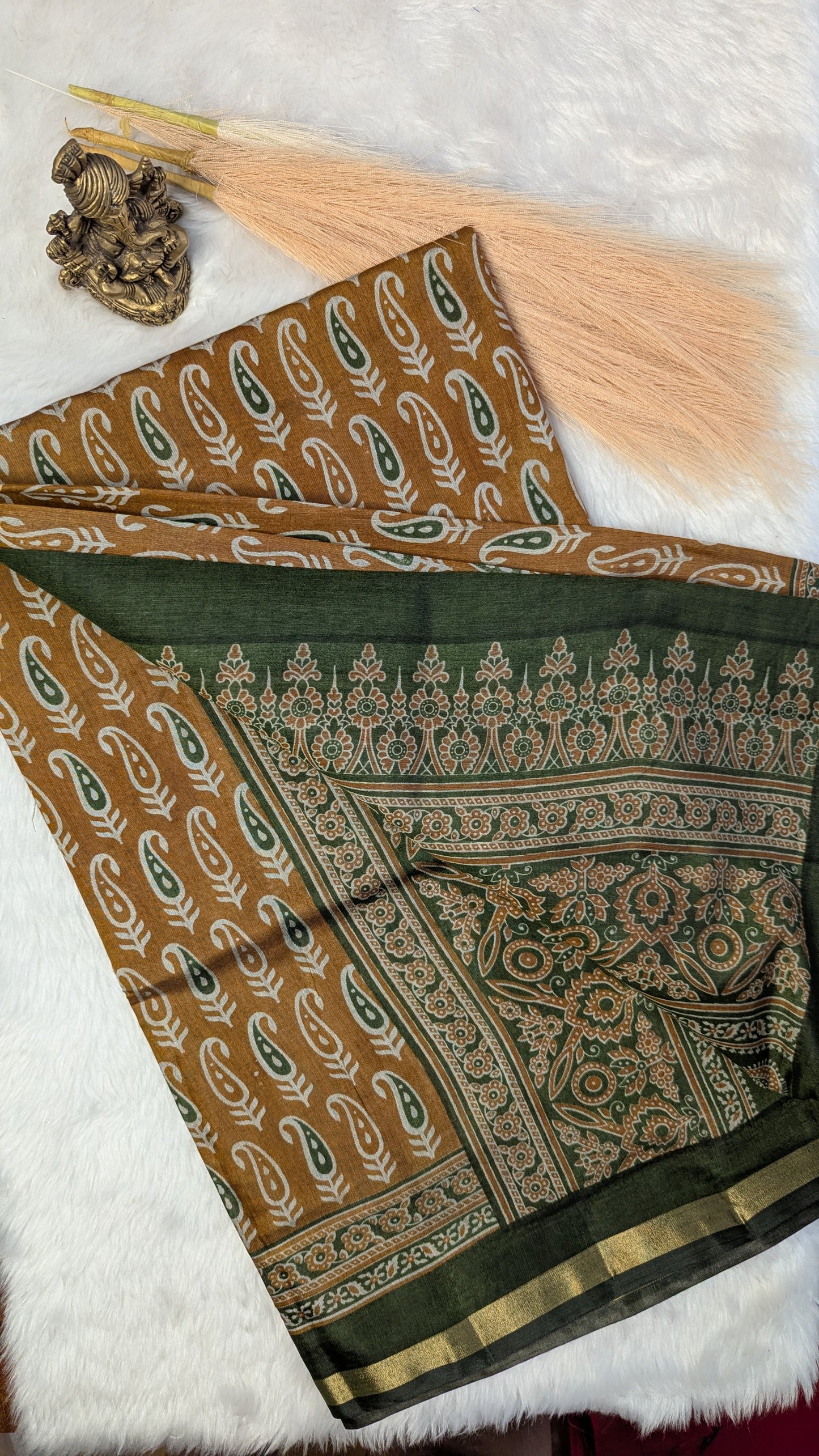 Mustard and Green Border Cotton Ikkat Saree