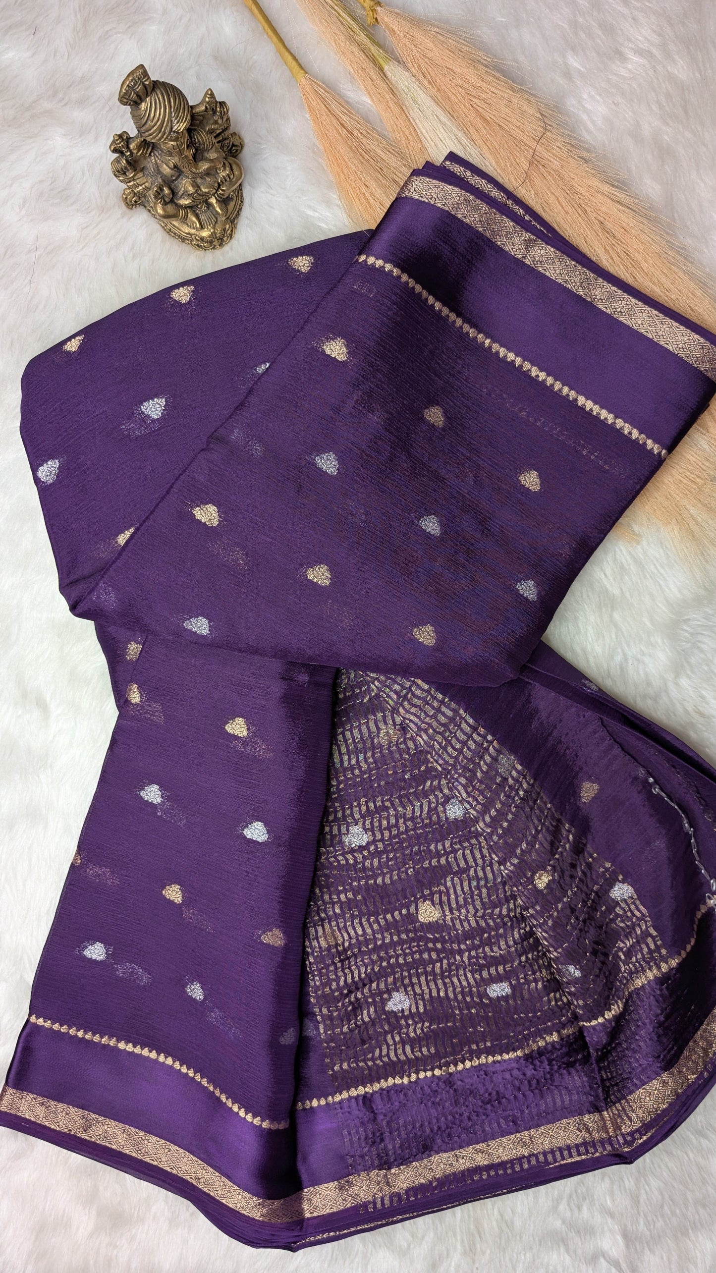 Georgette Crepe Silk with Golden Buttis- Purple