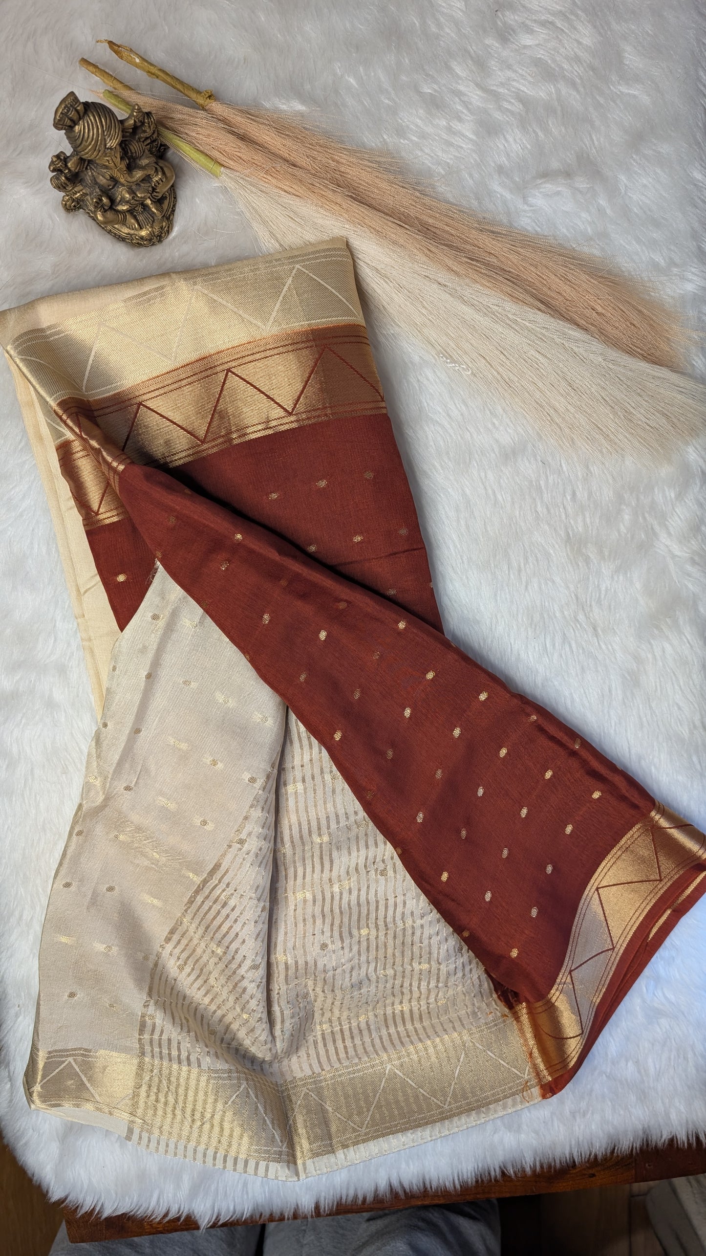 Rust Orange and Cream Half n Half Crepe Silk Saree