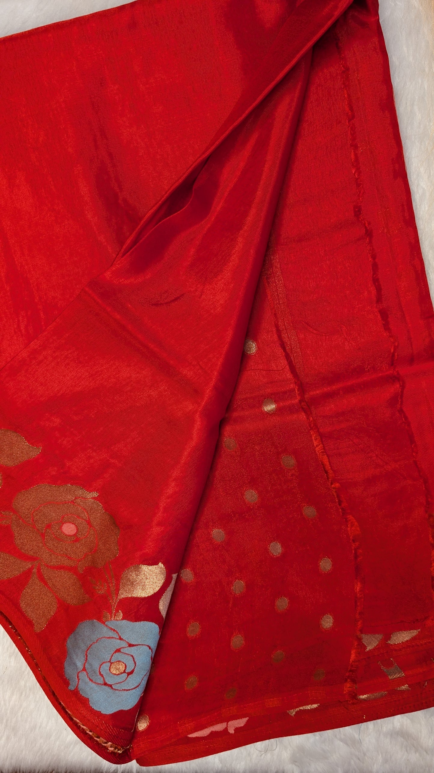 Orangish Red Viscose Crepe Silk with Flower Zari Border