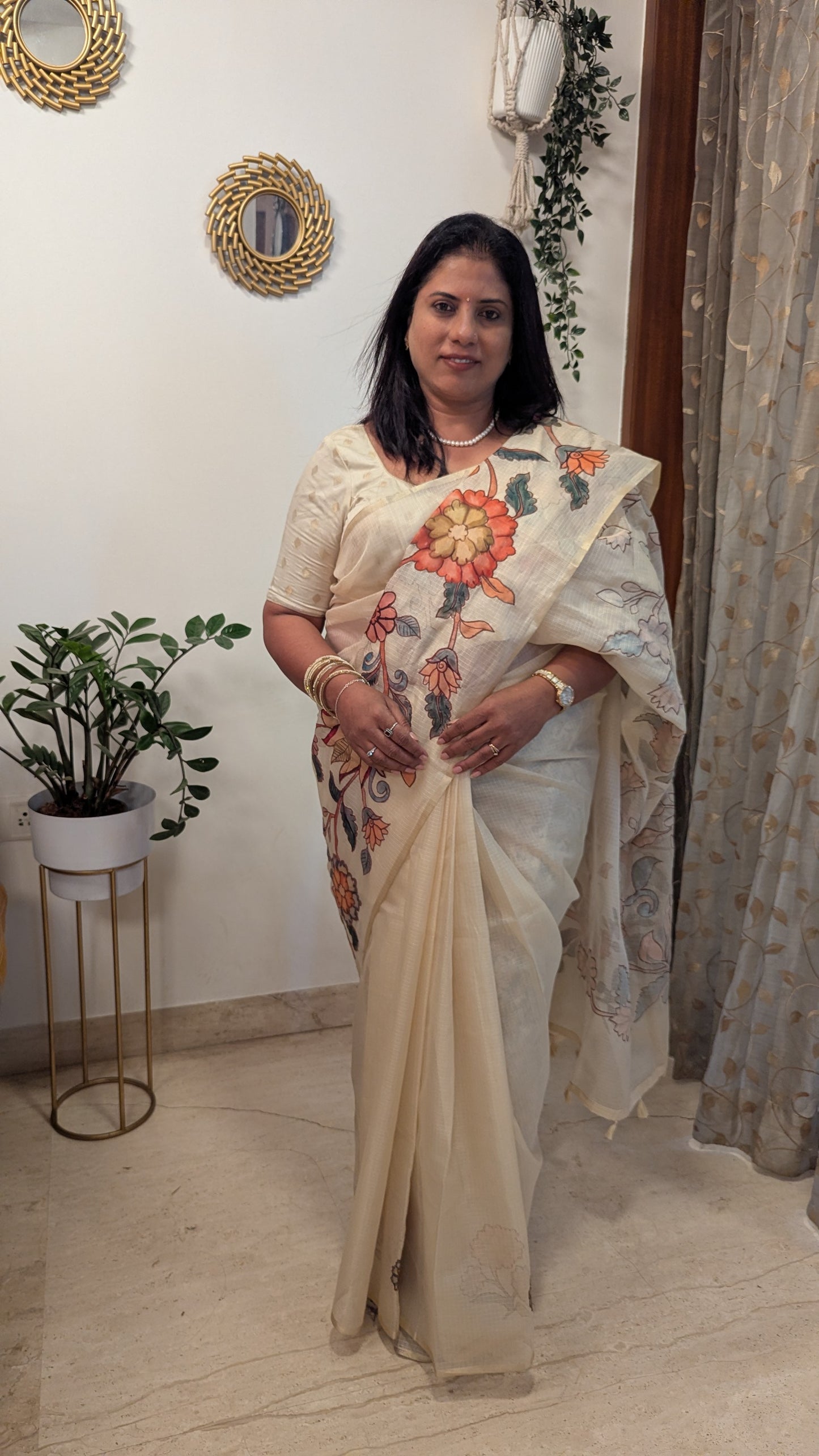 Kota Checks with Kalamkari Applique work-Cream