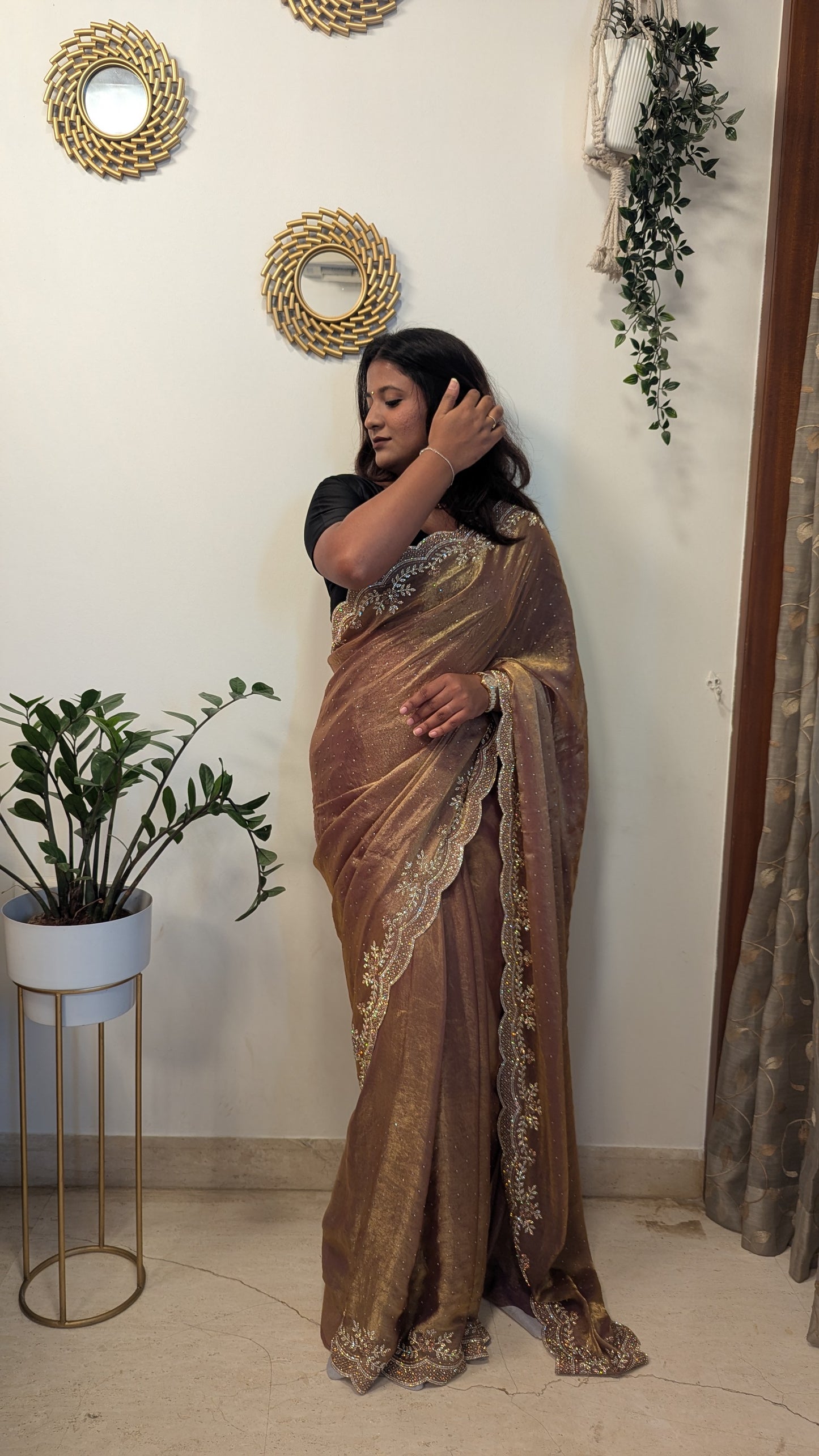Tissue Saree With Stone Cut Work