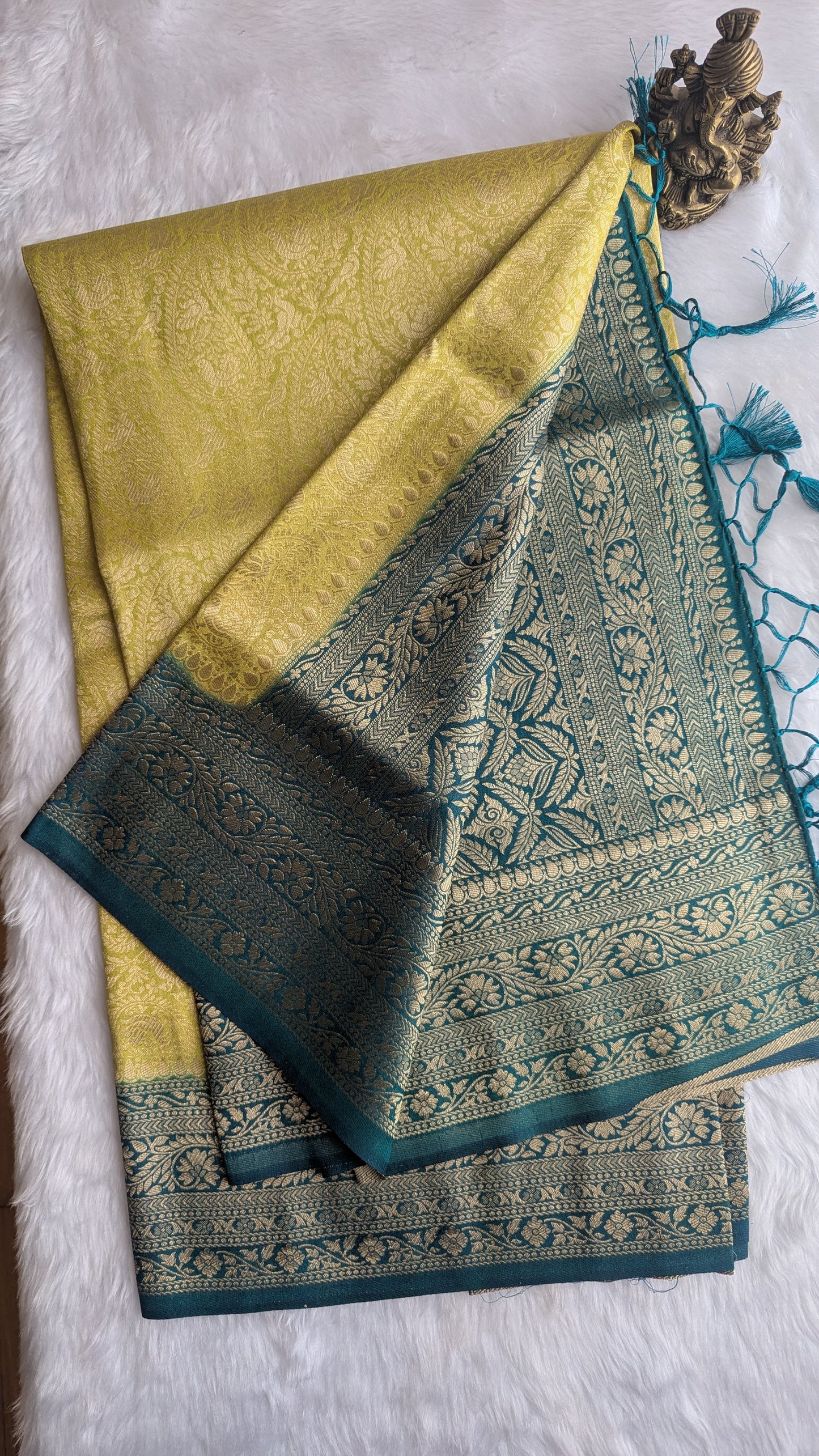 Light Yellow and Teal blue Brocade Silk Saree