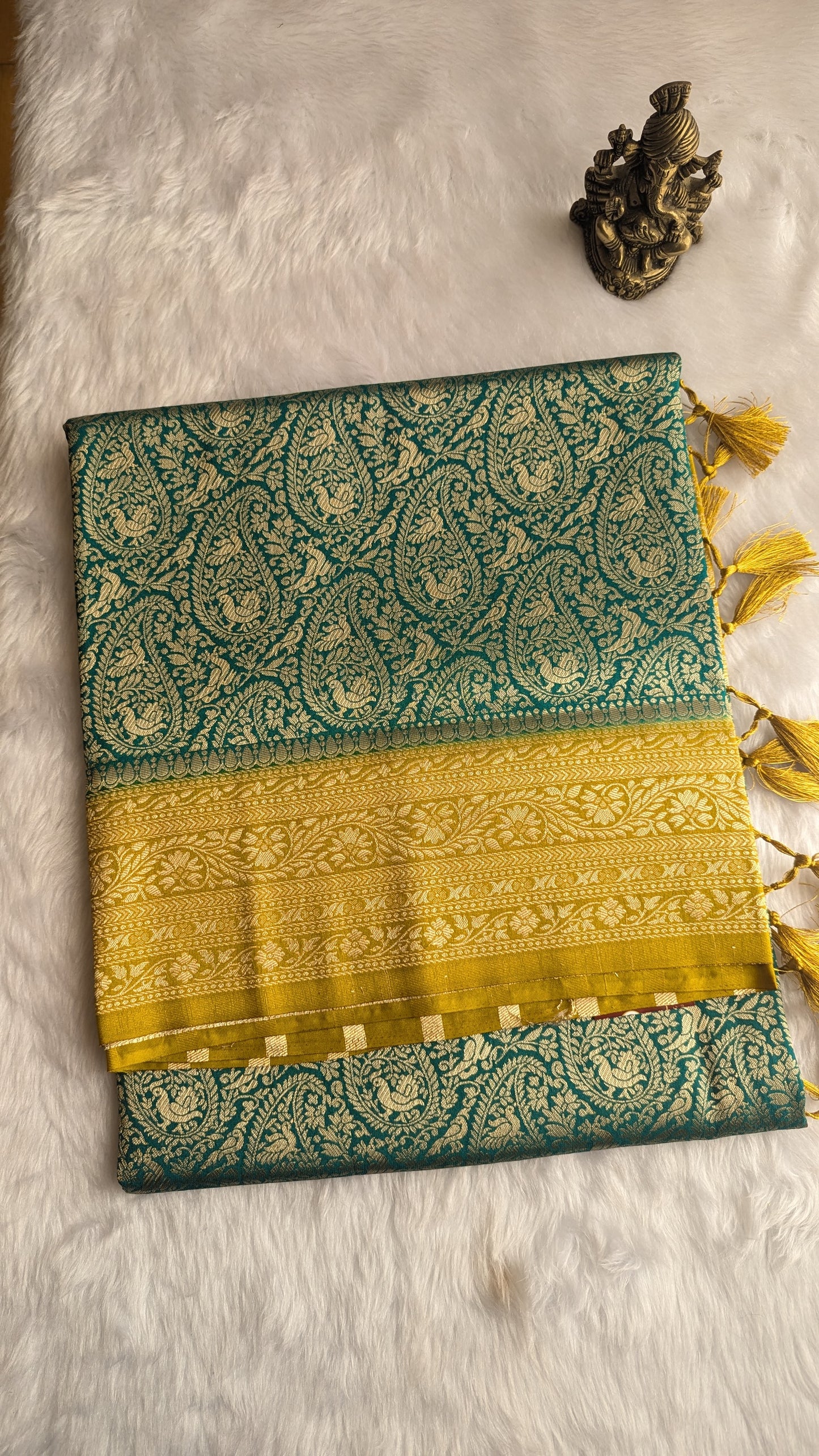 Peacock Green and Mustard Brocade Silk Saree