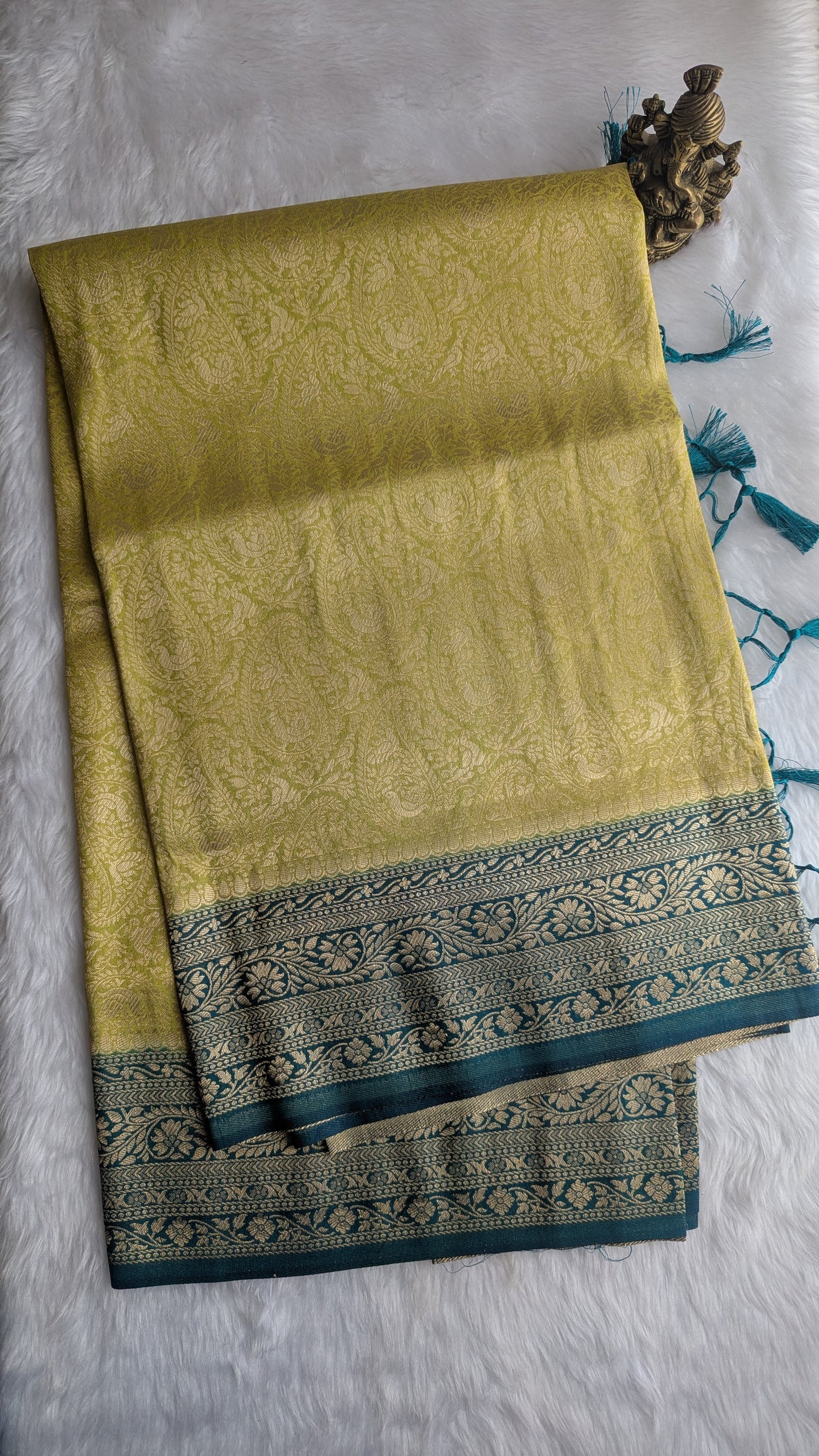 Light Yellow and Teal blue Brocade Silk Saree