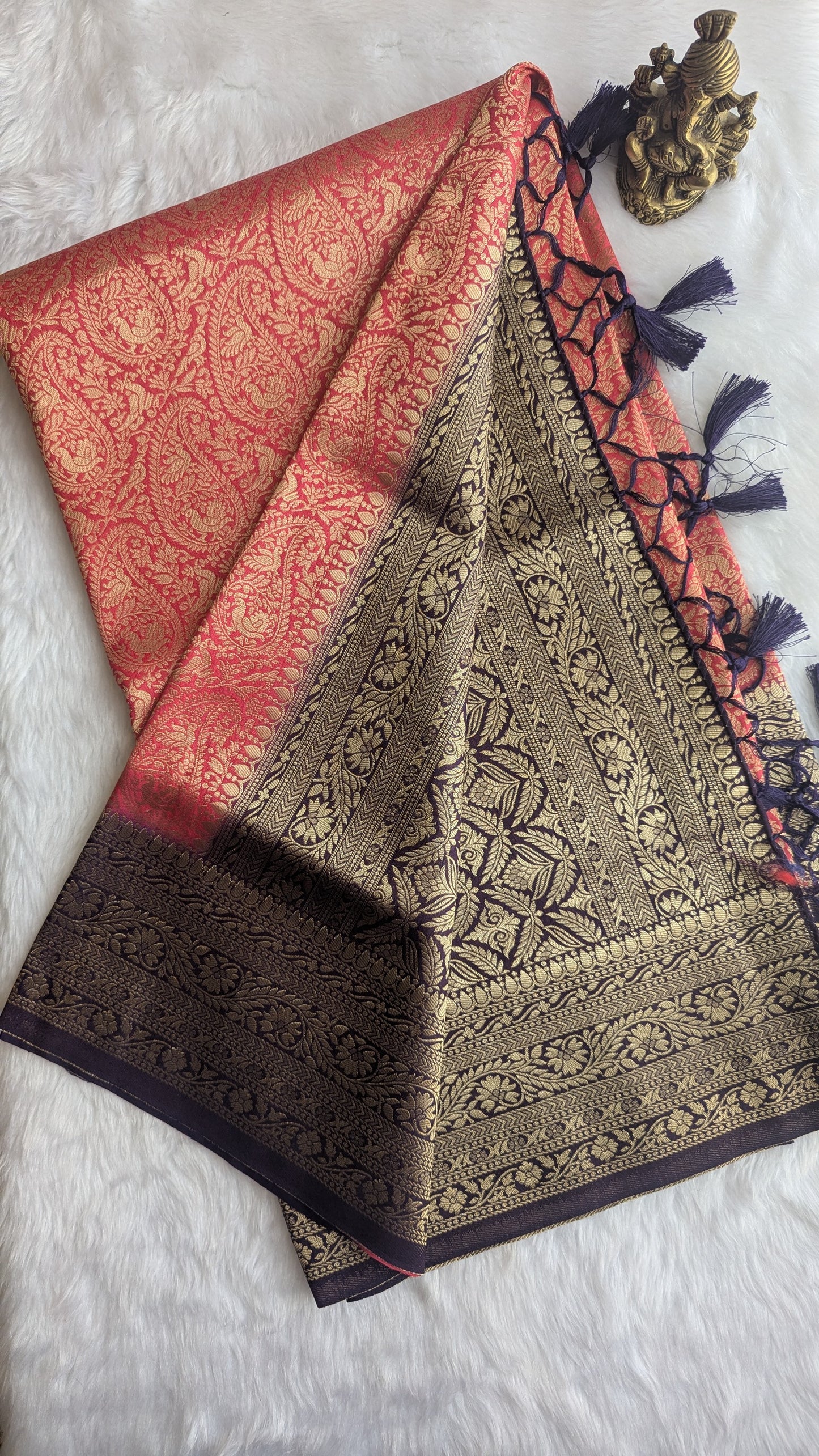 Pinkish Red and Purple Brocade Silk Saree