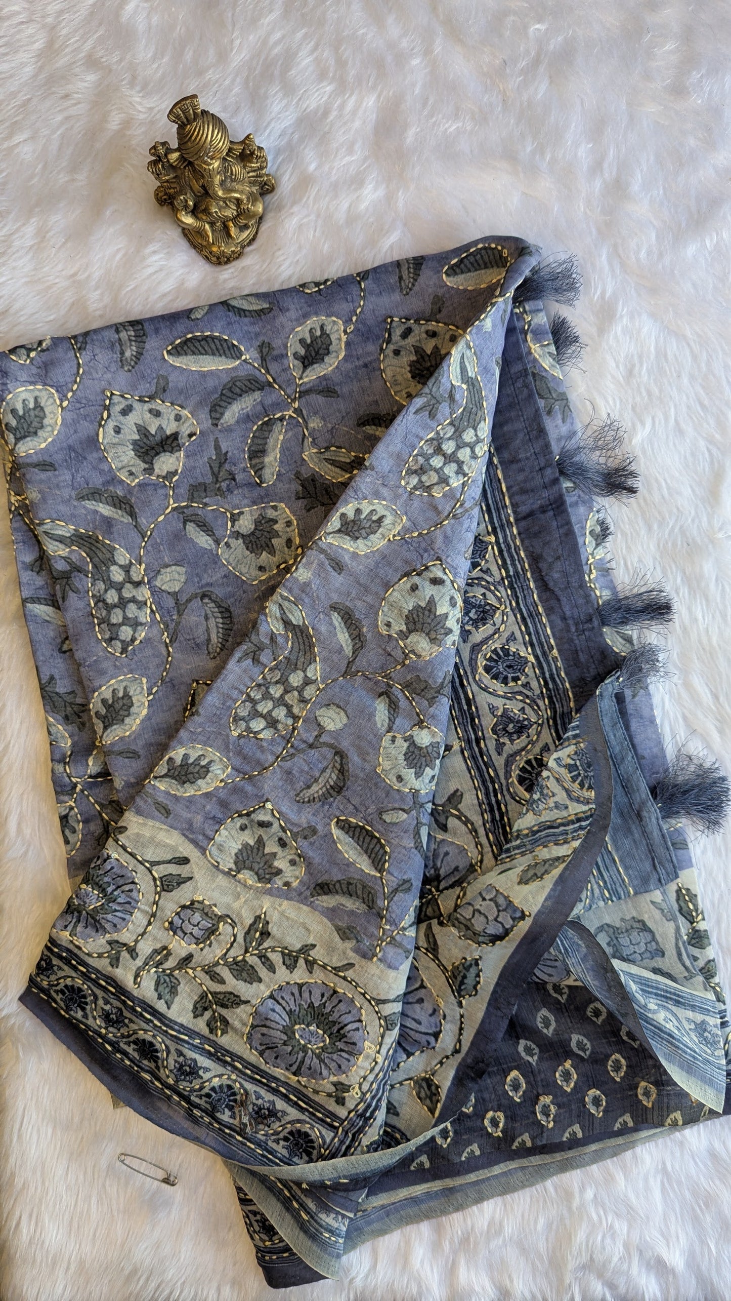 Blue Soft Cotton Handmade Kantha Work Saree