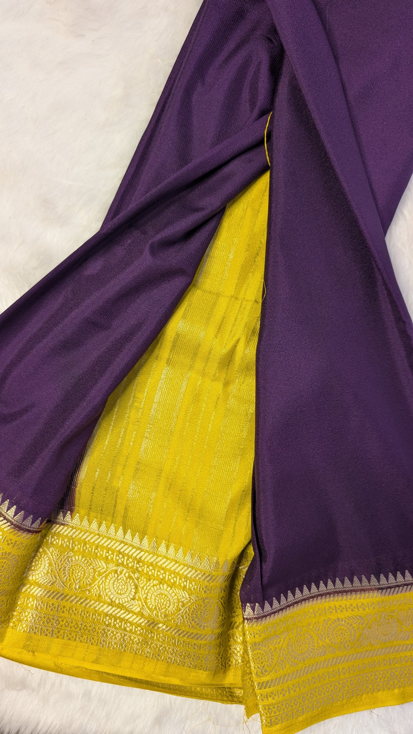 Purple and Yellow Border Semi Mysore Silk Saree