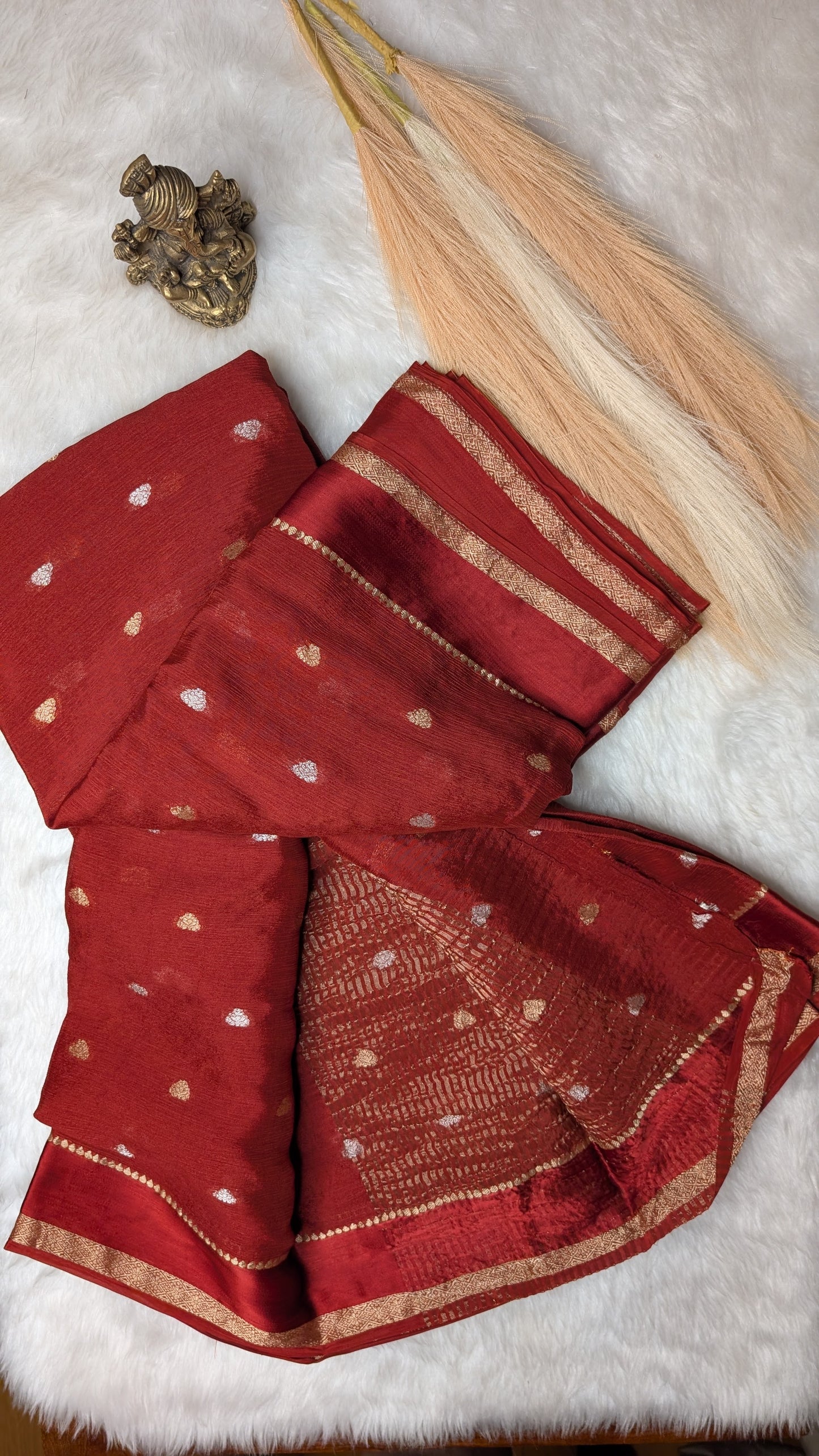 Georgette Crepe Silk with Golden Buttis- Rust Orange