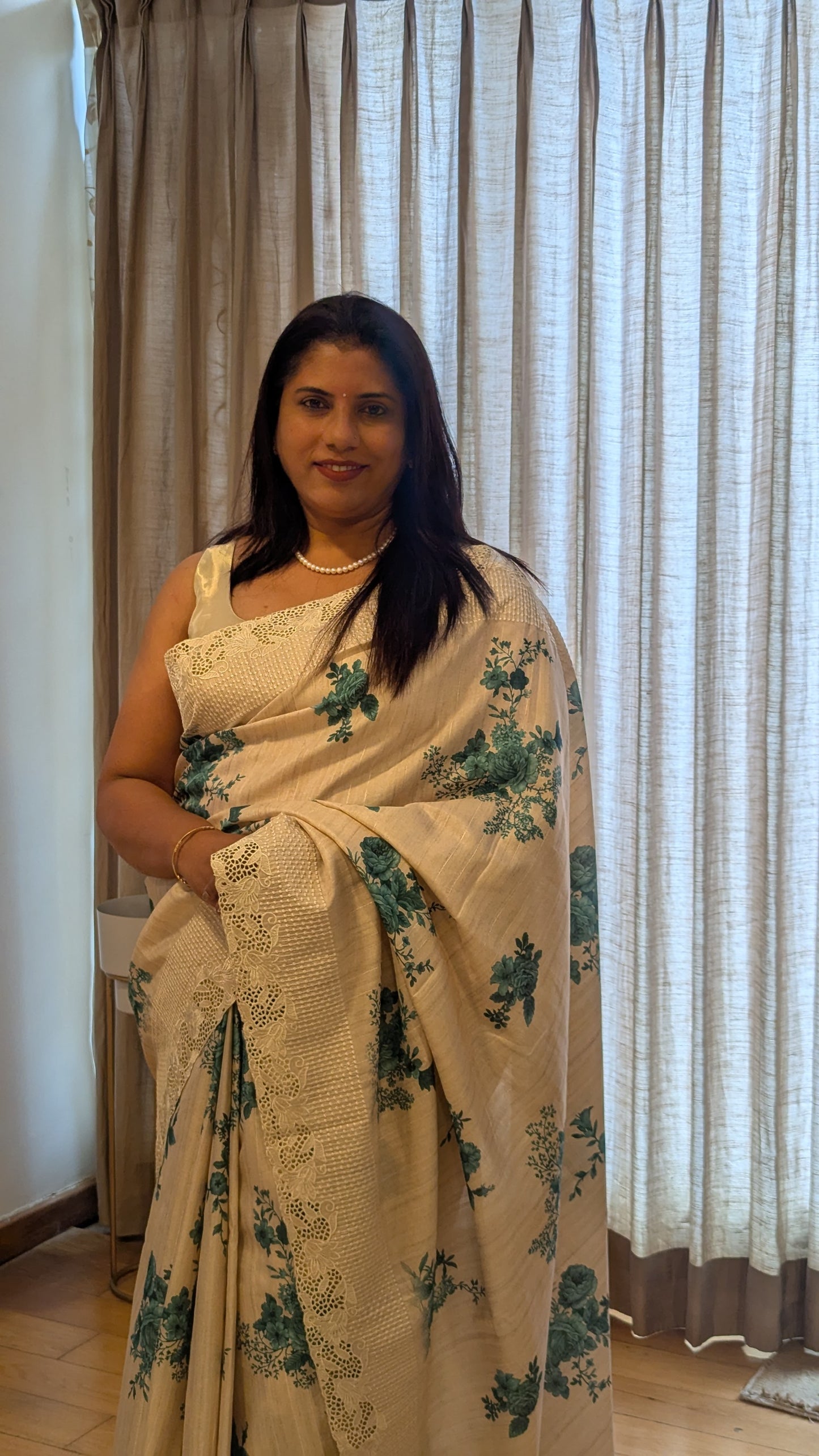 Creame color Tussar Silk with Cutwork border