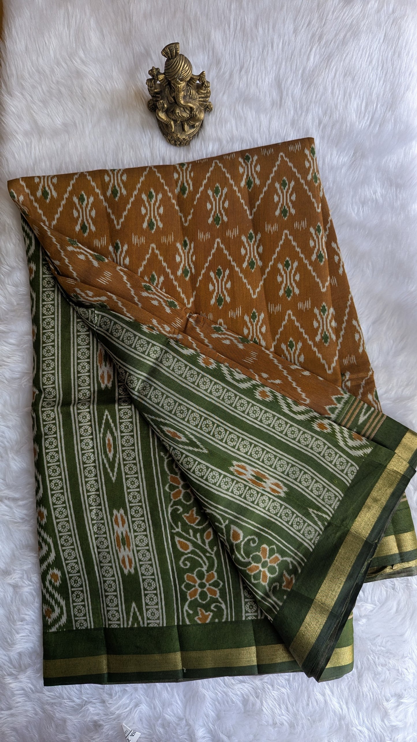 Mustard and Green Border Cotton Ikkat Saree