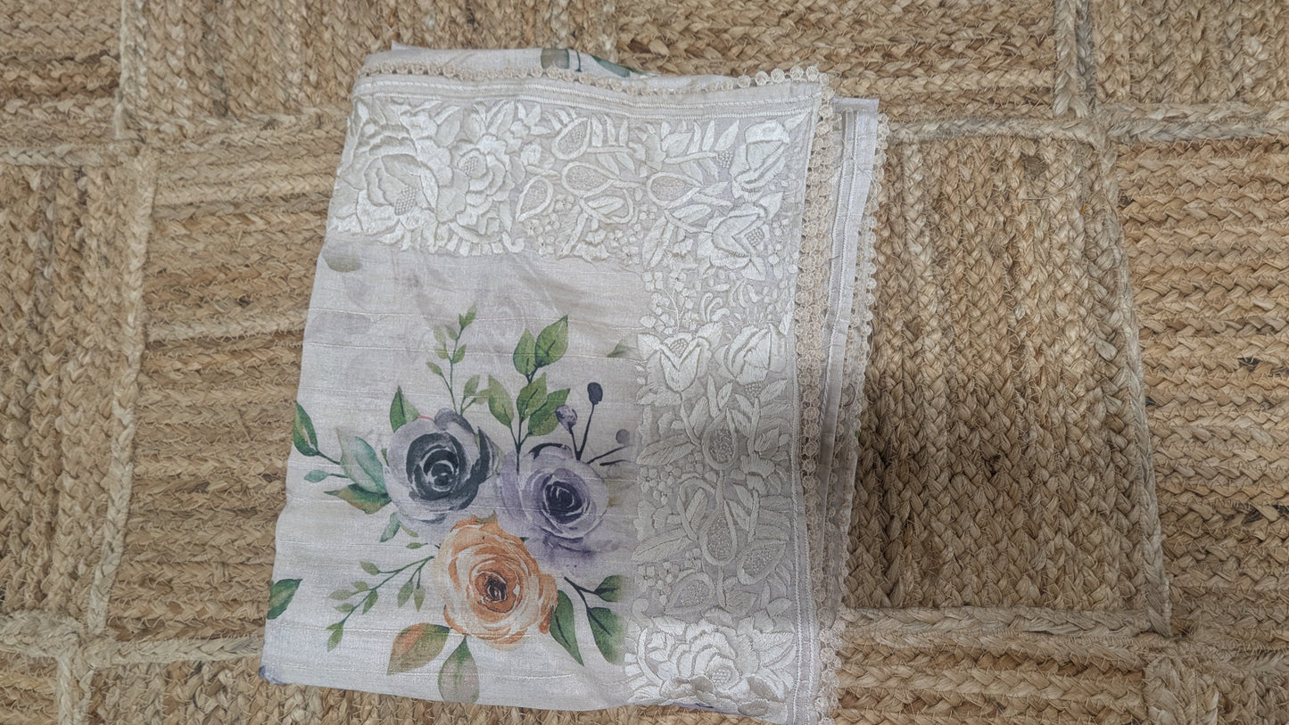 Creame color Tussar Silk with embroidery border And Floral Prints