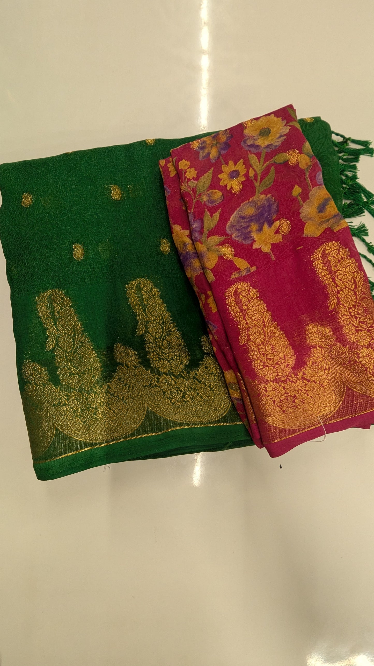 Green Semi Banaras Georgette Saree with Contrast Blouse