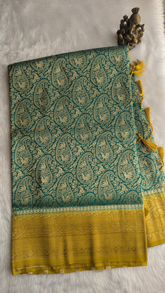 Peacock Green and Mustard Brocade Silk Saree