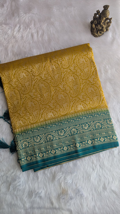 Mustard and Teal Contrast Brocade Silk Saree