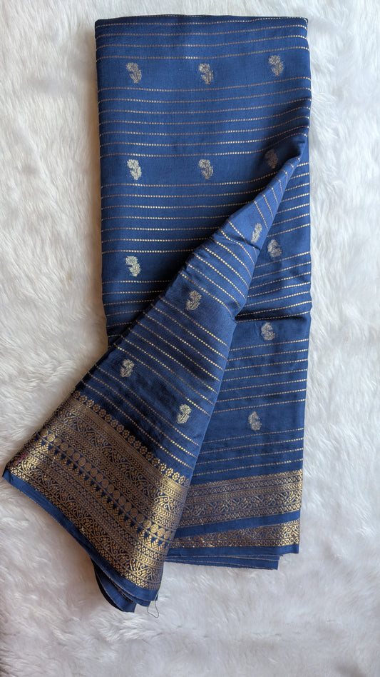 Blue with Golden Stripes Semi Crepe Silk Saree