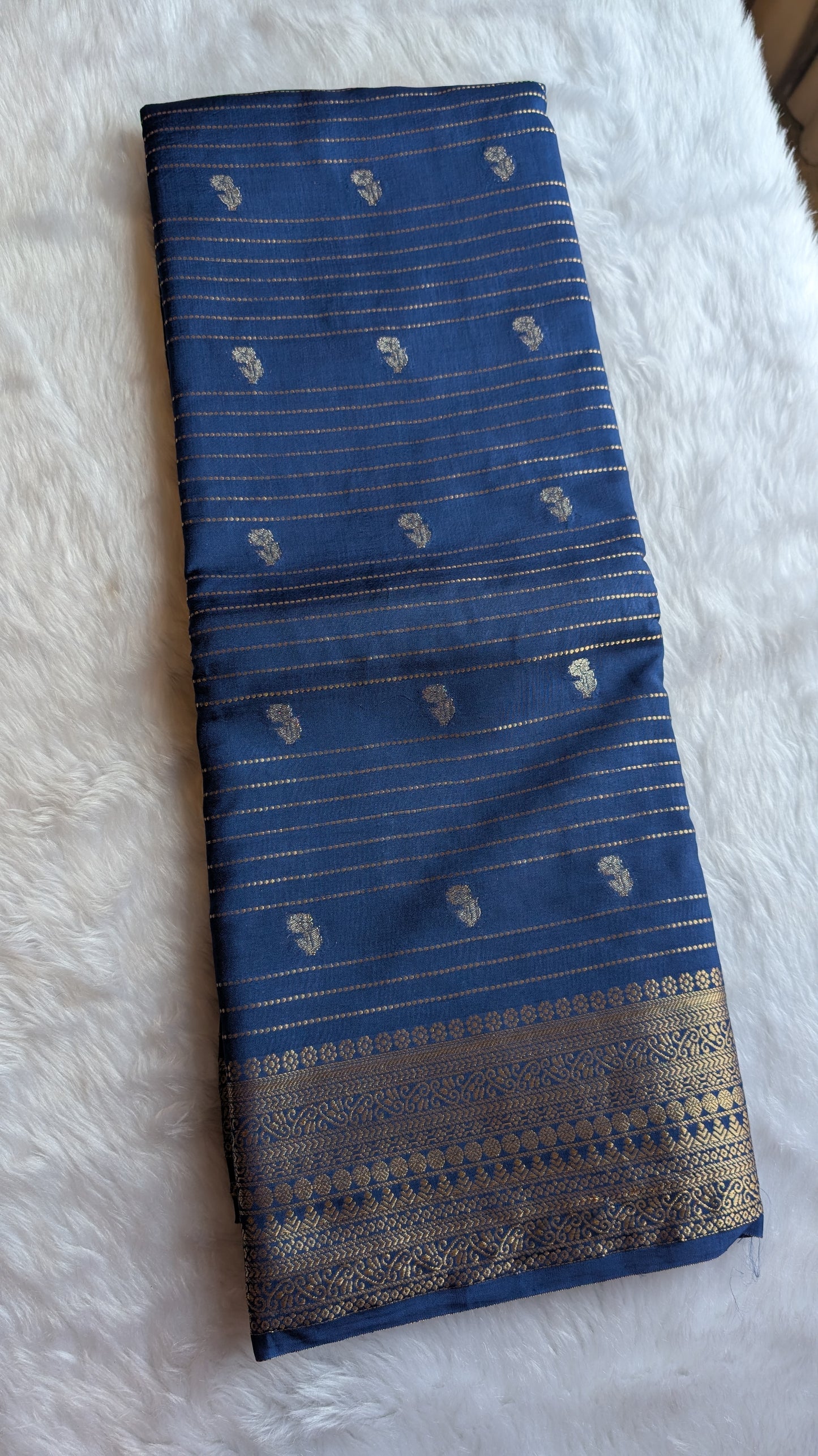 Blue with Golden Stripes Semi Crepe Silk Saree